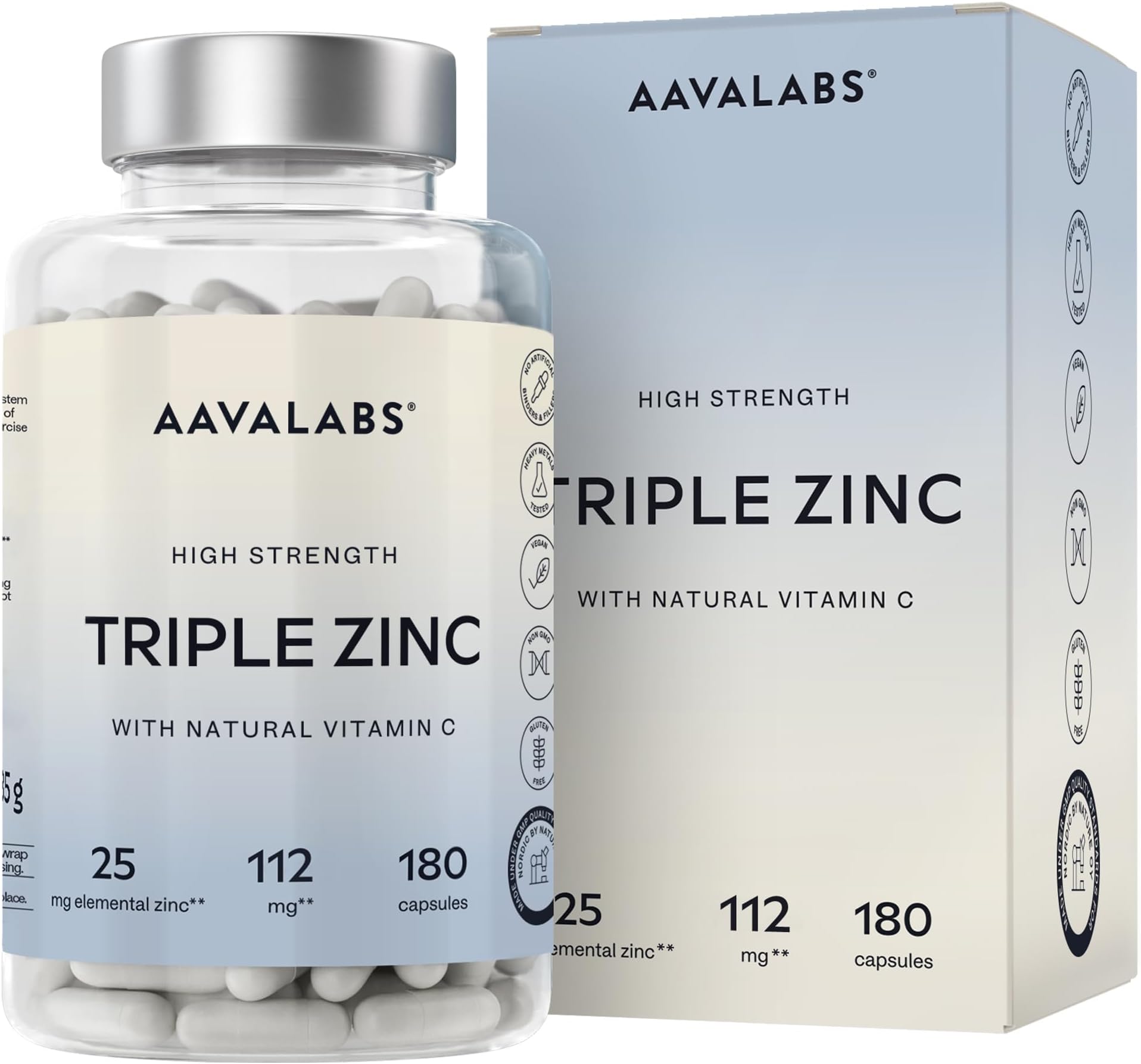 Triple Zinc Supplements for Men and Women โ 25mg โ 1 Capsule per Day | with Natural Vitamin C โ Zinc Picolinate, Bisglycinate and Monomethionine โ 180 Capsules โ 6 Months Supply