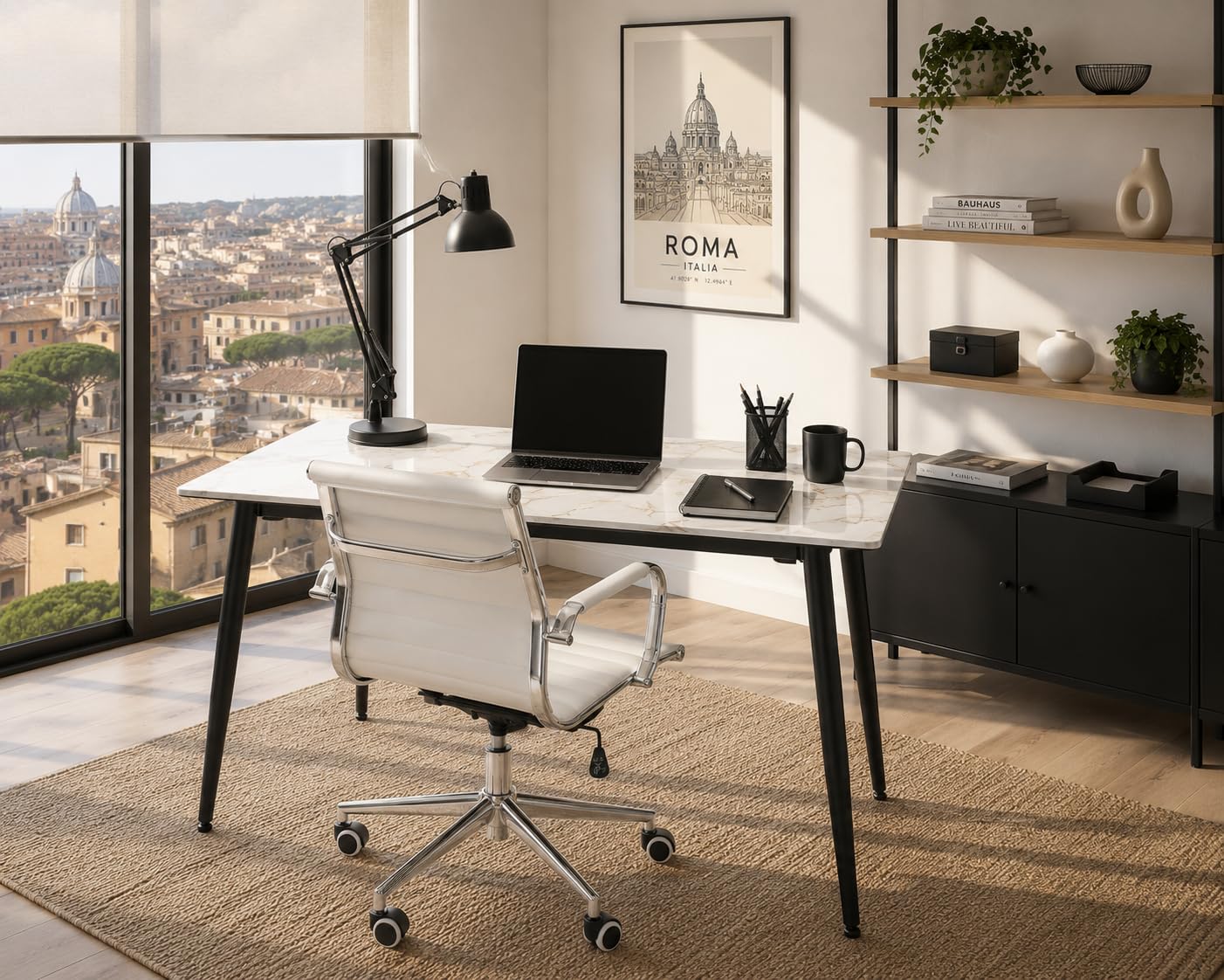 Homely® | Mesa de Comedor Cairo PK 120x70 cm. Tapa Porcelánico | Acabado Efecto Mármol Calacatta Gold | Patas Metálicas Negras | Mesa cerámica Cocina, Comedor, Escritorio (Blanco-Gold)