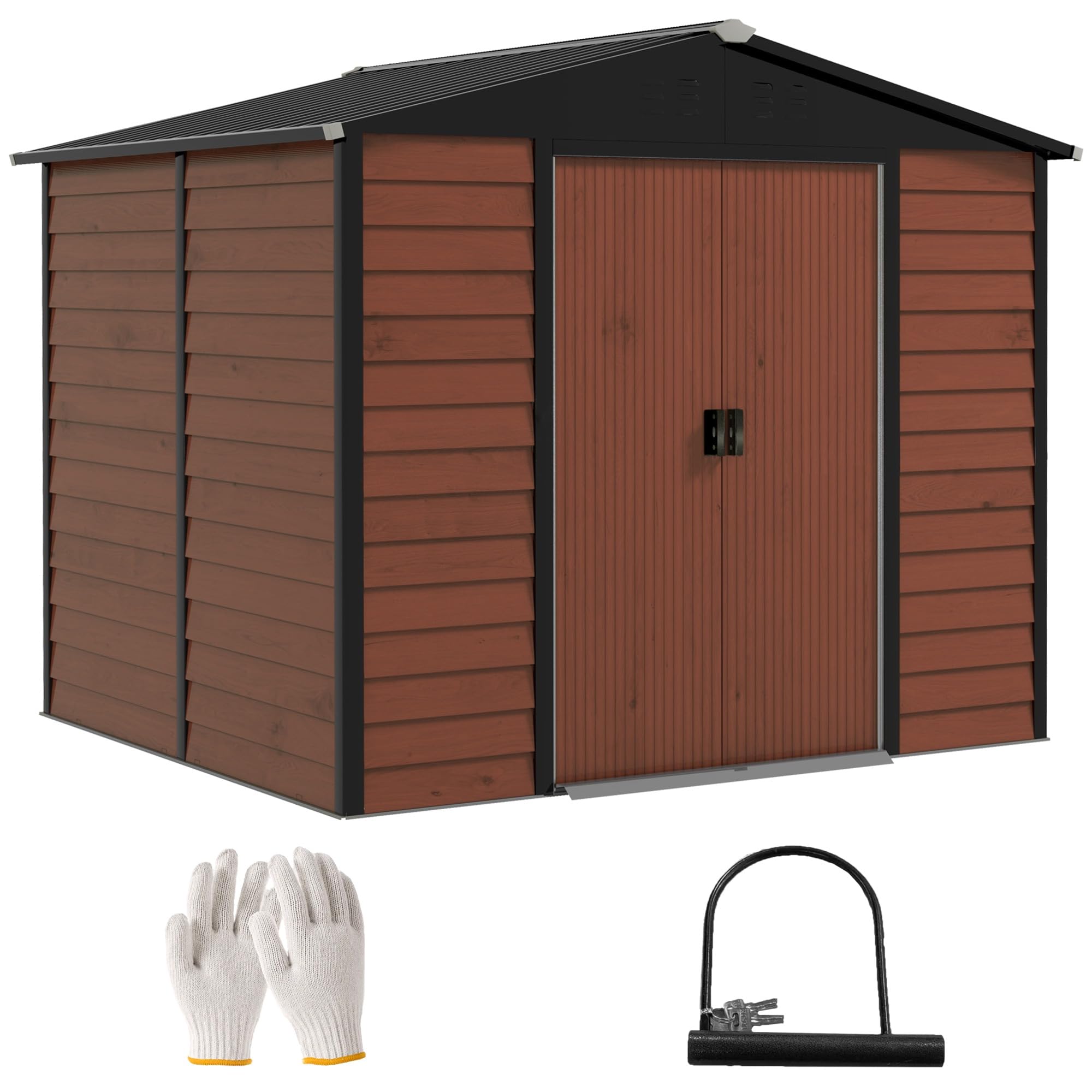 Outsunny Caseta de Jardín Exterior 4,4 m², 240x206x198 cm, Cobertizo de Jardín Exterior Metálico con Base Refuerzo (Suelo NO Incluido), Puerta Corredera con Cerradura y 4 Ventanas para Patio, Teca