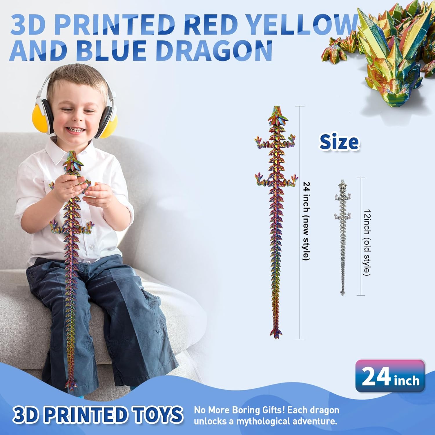 Large 3D Printed Dragon,24 Inch 3D Dragon Toys,Bigger Fidget Crystal Animals Toys, 3D Printed Articulated Animals for Home Office Car Desk Decor (Red Gold Blue, 24 inch) - Image 3
