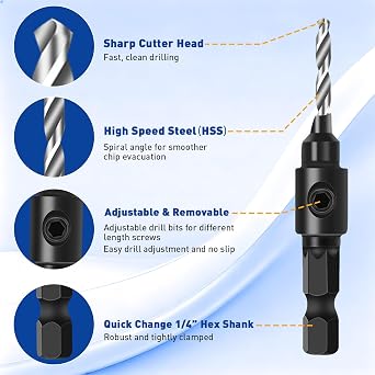 shengbenhao Countersink Drill Bit Set, 11 PCS Counter Sink Drill Bits for Wood, #5, #6, #8, #10, #12, Quick Change 1/4