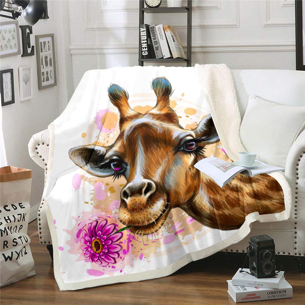 Homemissing Giraffe Sherpa Blanket Safari Wild Giraffe Fleece Throw Blanket For Kids Boys Girls Lovely Animals Print Plush Watercolor Floral Decor Fuzzy For Sofa Bed,Single 50x60 Inch