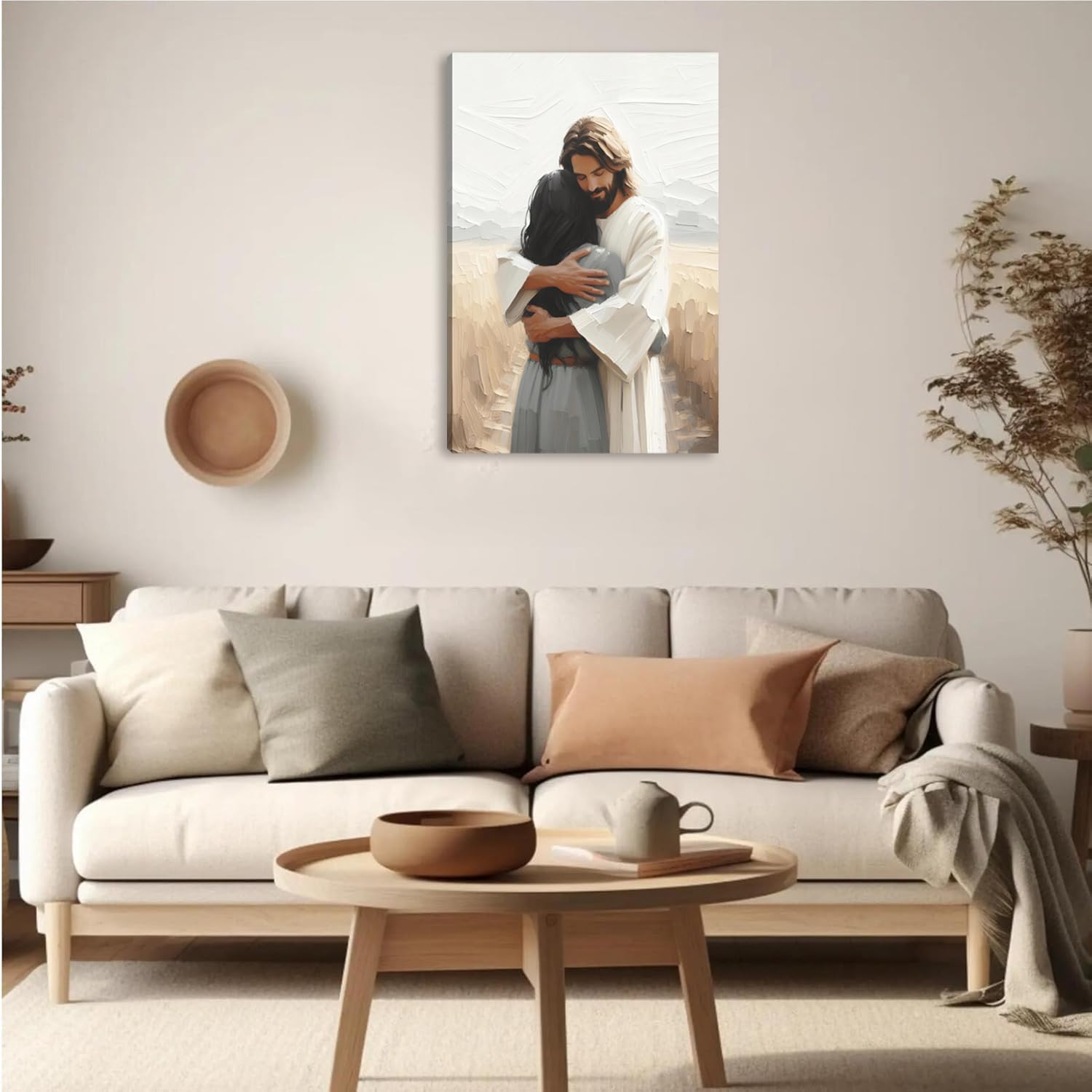 Jesus Hugging Women Canvas Wall Art Christian Healing Safe in His Arms Painting Poster Jesus Embracing Girl Picture for Wall Decor Living Room Church Bedroom Home Decoration 16*24 in (Stretched Canvas on A Wooden Frame)
