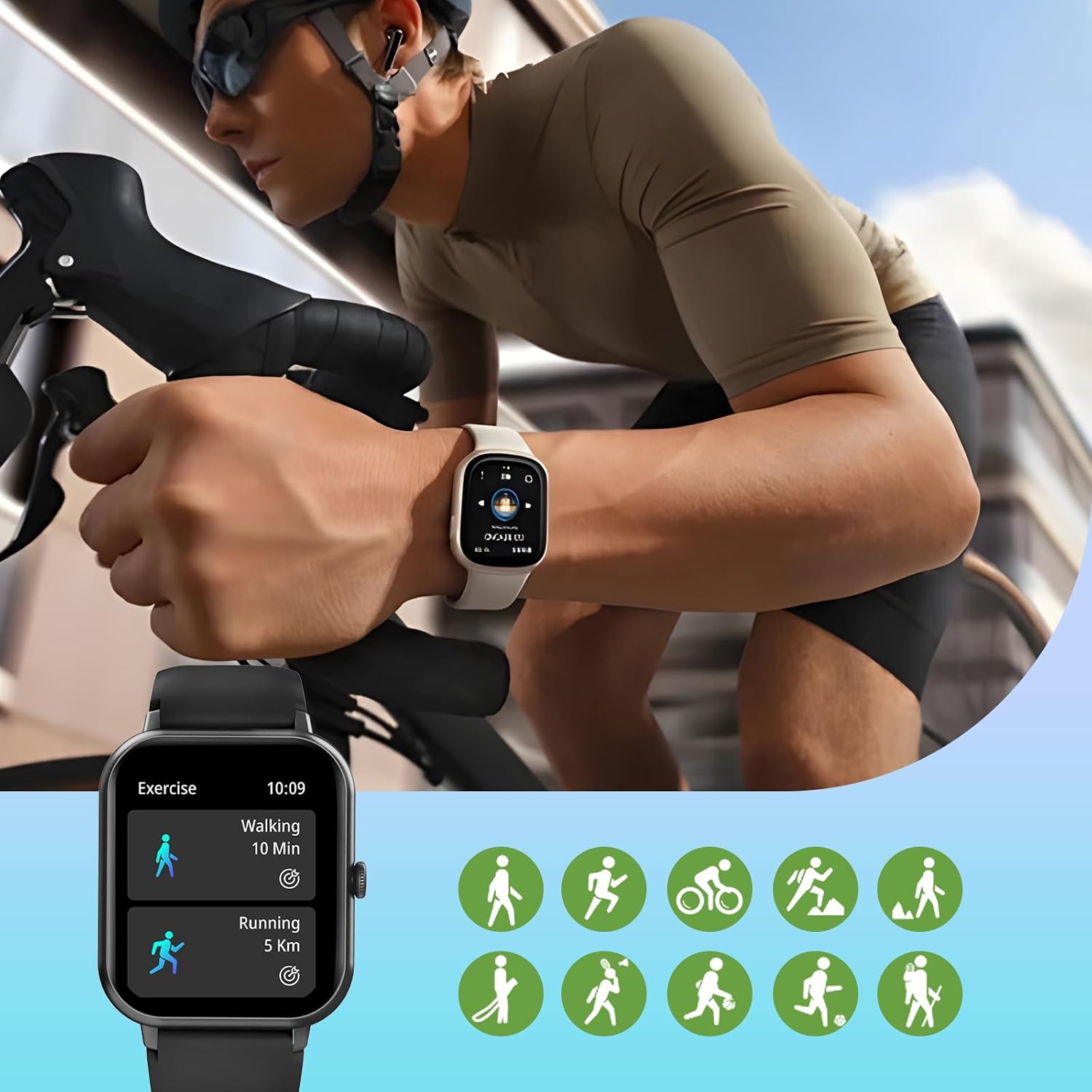 A person cycling with the smartwatch on their wrist, showing exercise tracking and various sport icons.