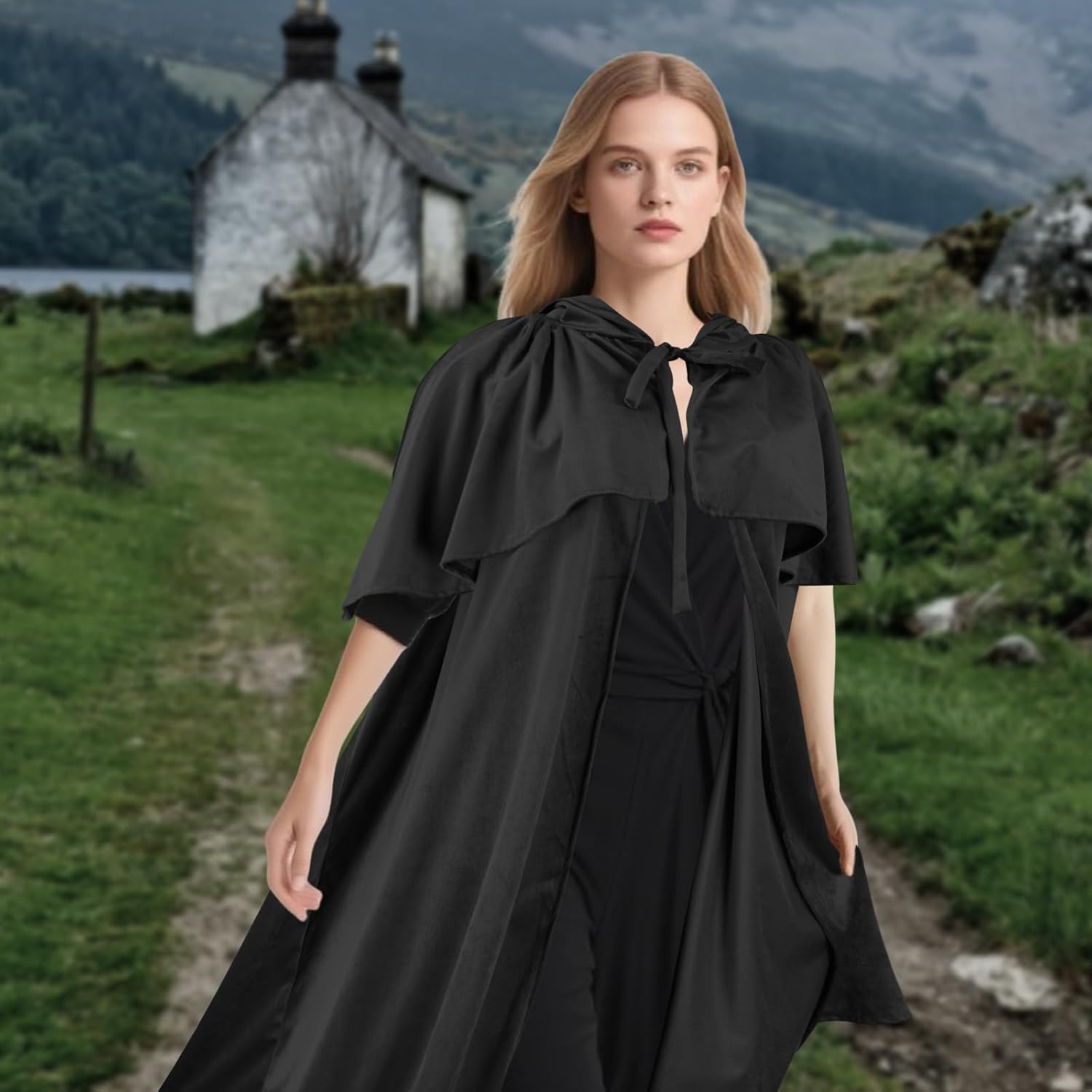 Renaissance Hooded Cape with Vintage Belt Medieval Cloak for Women and Men Hobbit Halloween Costume - Image 2