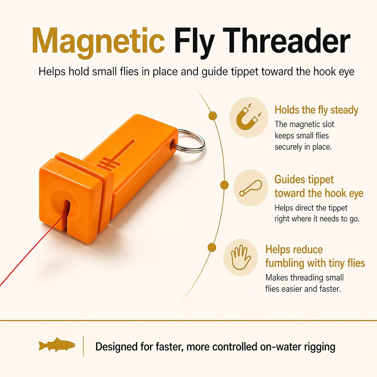 Fly Fishing Tying Tool - Magnetic Fly Threader Bright Orange, 4-Slot Precision Threading Tool for Fly and Ice Fishing, Lightweight Plastic Hook Threader with Keychain for Wading Low Light Cold Hands