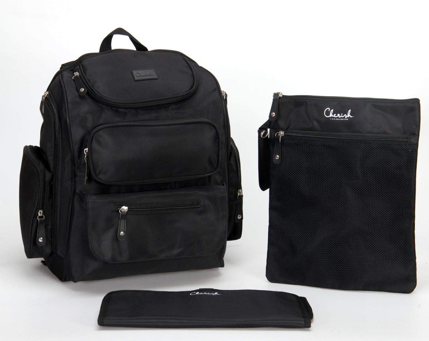 Baby Diaper Bag Backpack. Multi-Pocket, Wipeable, Unisex, Black Rucksack made from Durable Microfiber. Incl. Wetbag, Stroller Straps and Padded Changing Mat by CherishBags