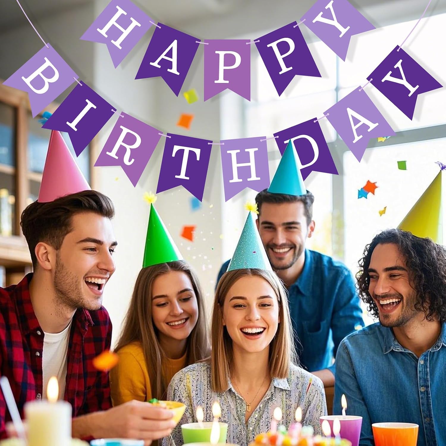Happy Birthday Banner Sign, Birthday Garland Wall Door Banners Flag for Women Men Boys Girls Party Backdrop Decorations, Personalized Letters Name Banners ﻿ (Light Purple and Purple)