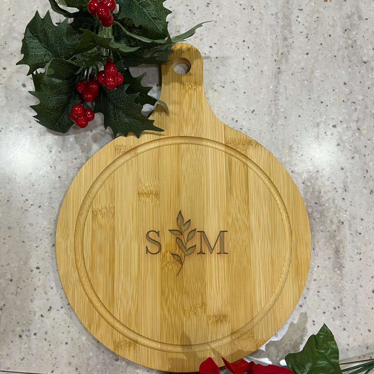 Engraved Round Bamboo Wood Cutting Charcuterie Board Personalized Gift New Couple, Parents, Anniversary, Housewarming, Hostess, Engagement, Friends - Leaf and Initials
