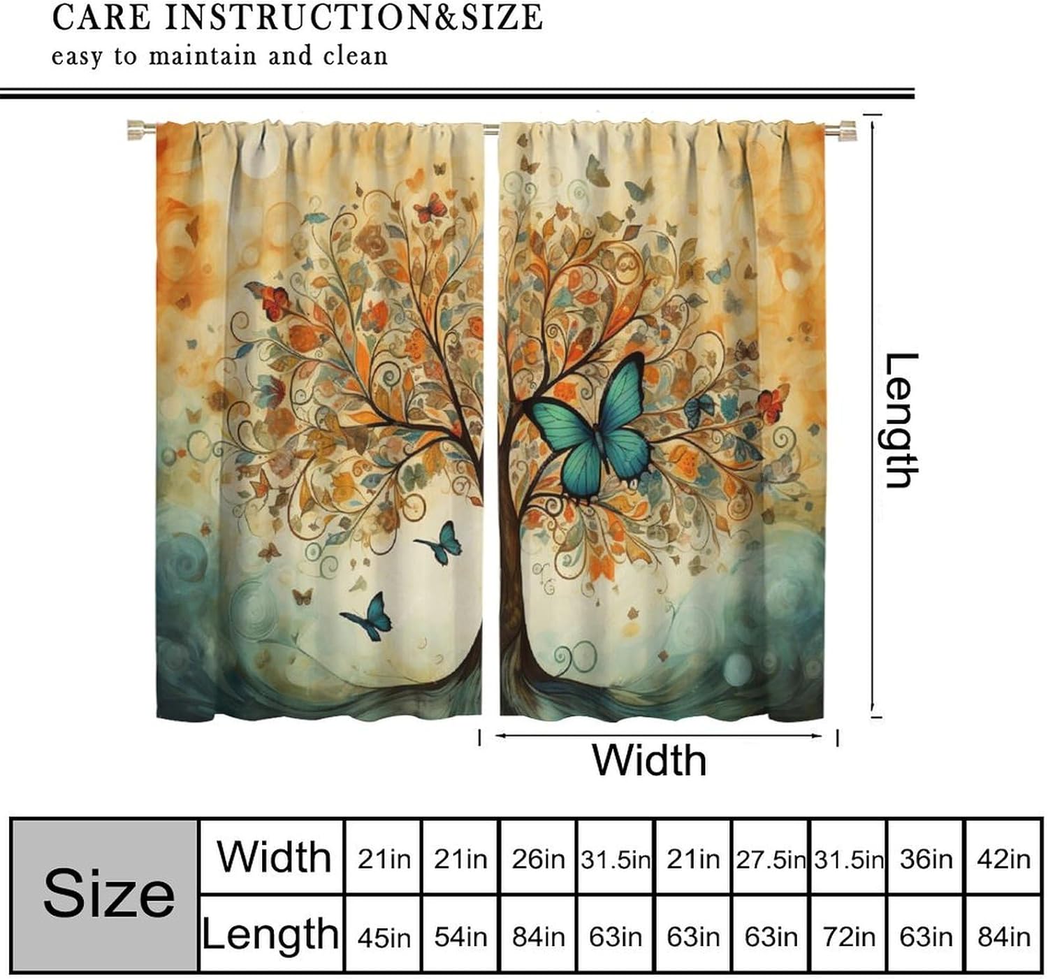 Tree of Life Window Curtains, Colorful Butterfly Curtain Tiers for Kids Girls Boys,Bohemian Style Window Treatments Drapes for Bedroom/Living Room, 52 x 84 Inch Blackout
