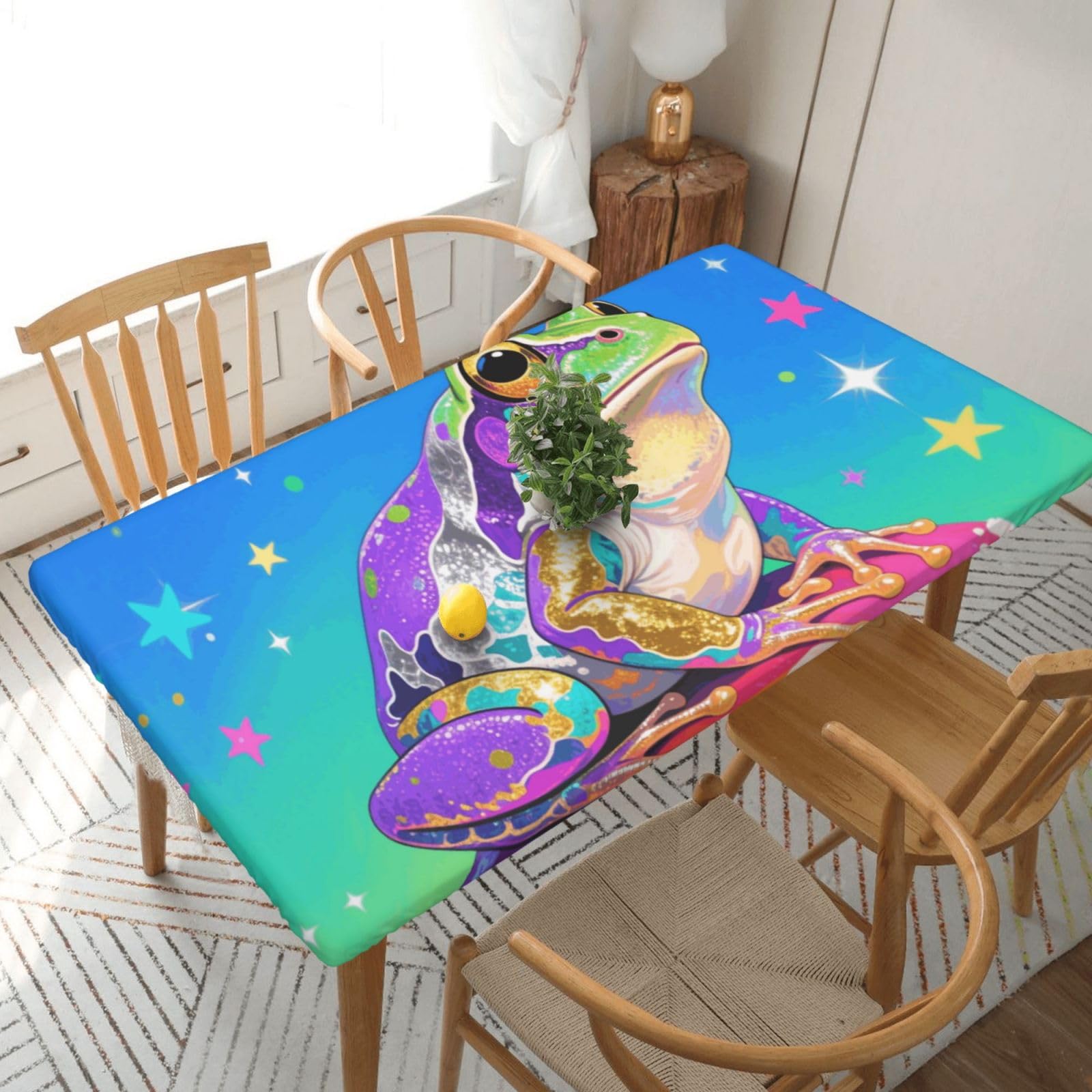 Fodpand Black Colorful Frog Spandex Fitted Tablecloth For 5 Foot Rectangle Tables,Waterproof Picnic Table Cover Stretch Table Cloth Washable Table Protector For Picnic, Camping, Outdoor