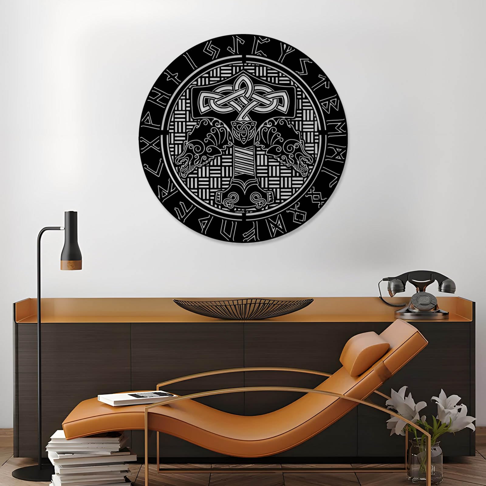 Décoration Murale Viking Nordique en métal Noir, Sculpture Celtique Mjolnir en métal, œuvre d'art Nordique Viking Moderne pour Salon, Couloir et escaliers (Argent 48 cm L x 48 cm l)