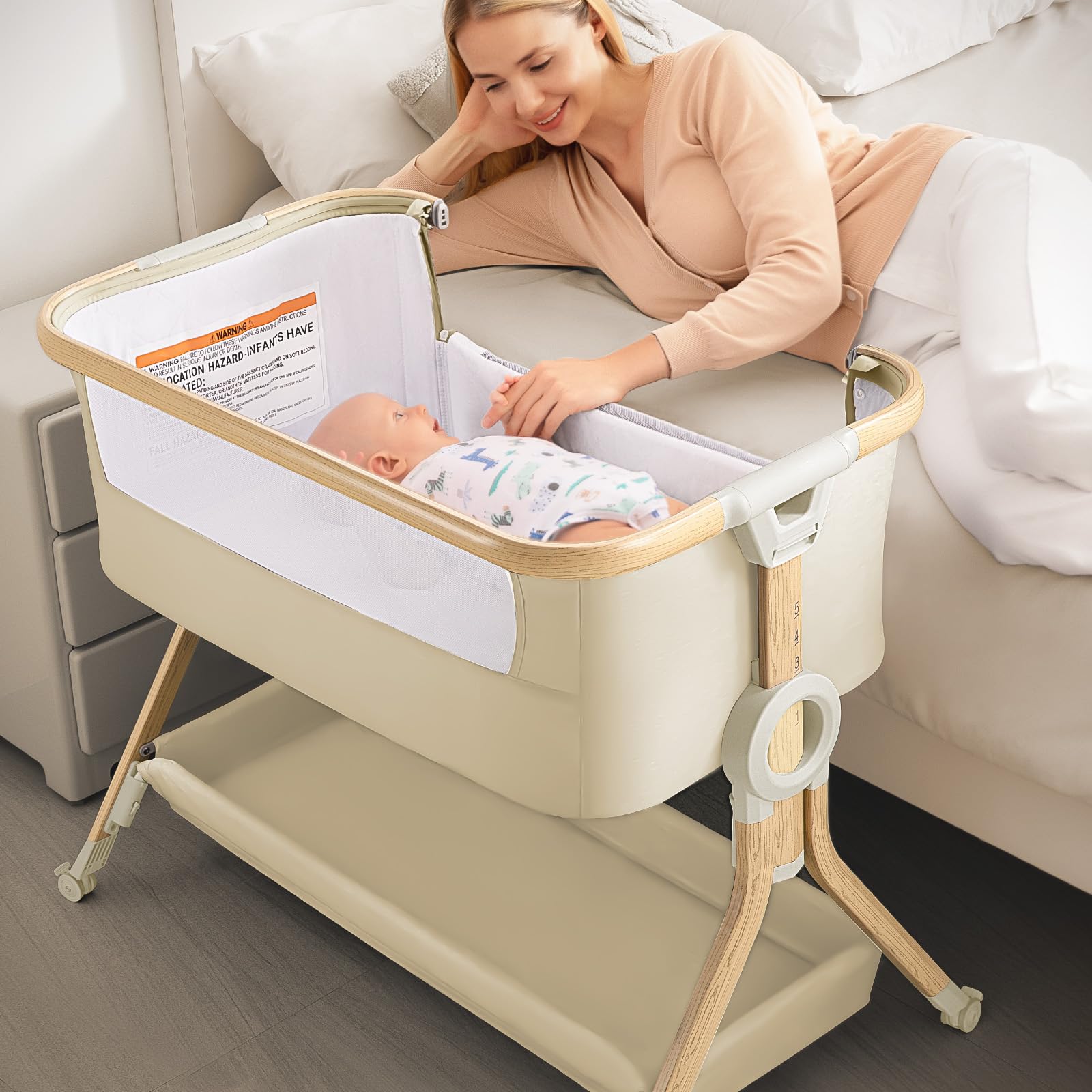 Larex3 in 1 Baby Bassinet Bedside Sleeper, Breathable Mesh Bedside Bassinet for Baby, Easy Assemble & Folding Portable Bassinet, 5 Height Adjustable Bedside Crib with Storage Basket, Mattress, Wheels