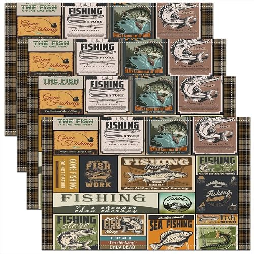 Fish Table Mats Kitchen Decor Dinner Indoor Vintage Fish Stamp Pattern Table Place Mats Fishing And Hunting Brown Green Washable Fabric Table Mats Placemat 18"X12" #TOP19