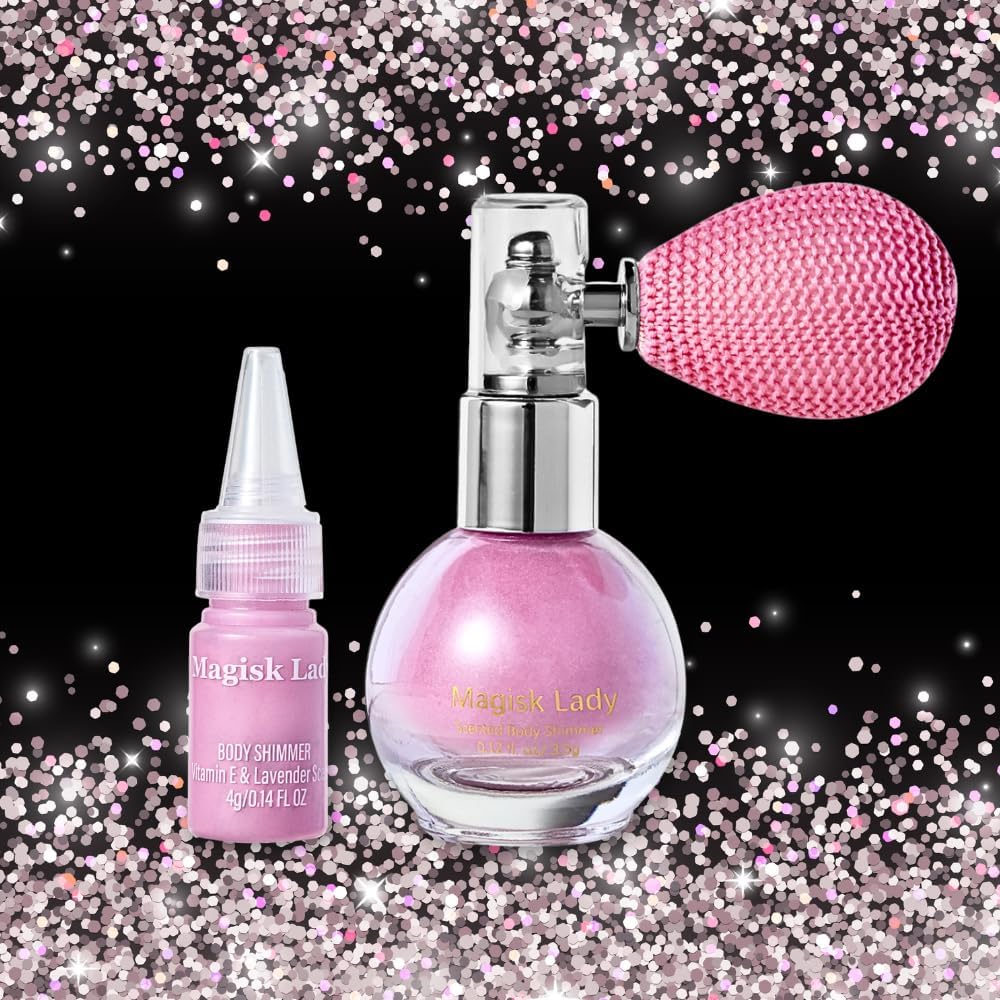Magisk Lady Pink Body Glitter Spray, Body Shimmer Powder Travel Size, Body and Hair Glitter for Kids, Face Glitter Highlighter, Glitte Body Spray for Party Festival Halloween, Rave Hairspray Outfit