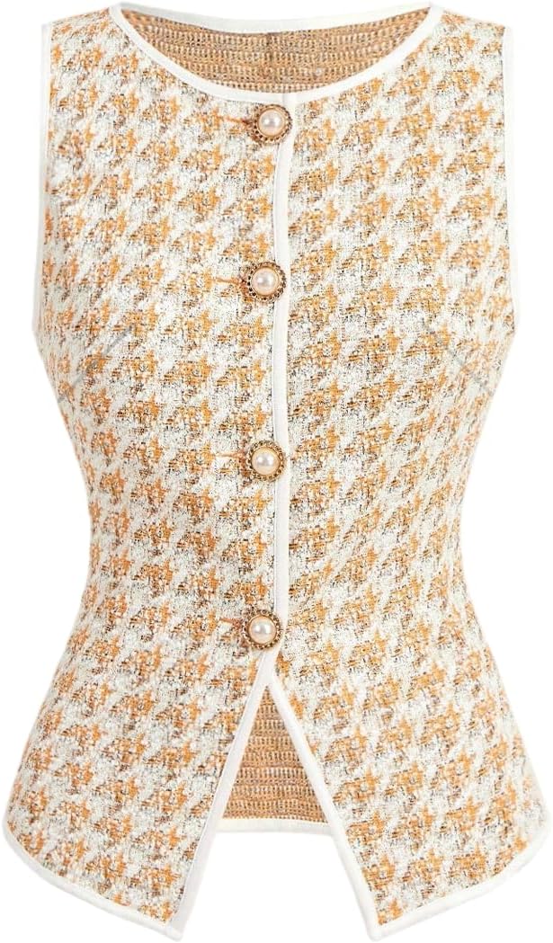 MakeMeChic Women's Houndstooth Plaid Vest Tops Trendy Dressy Tops Button Wasitcoat For Work Office