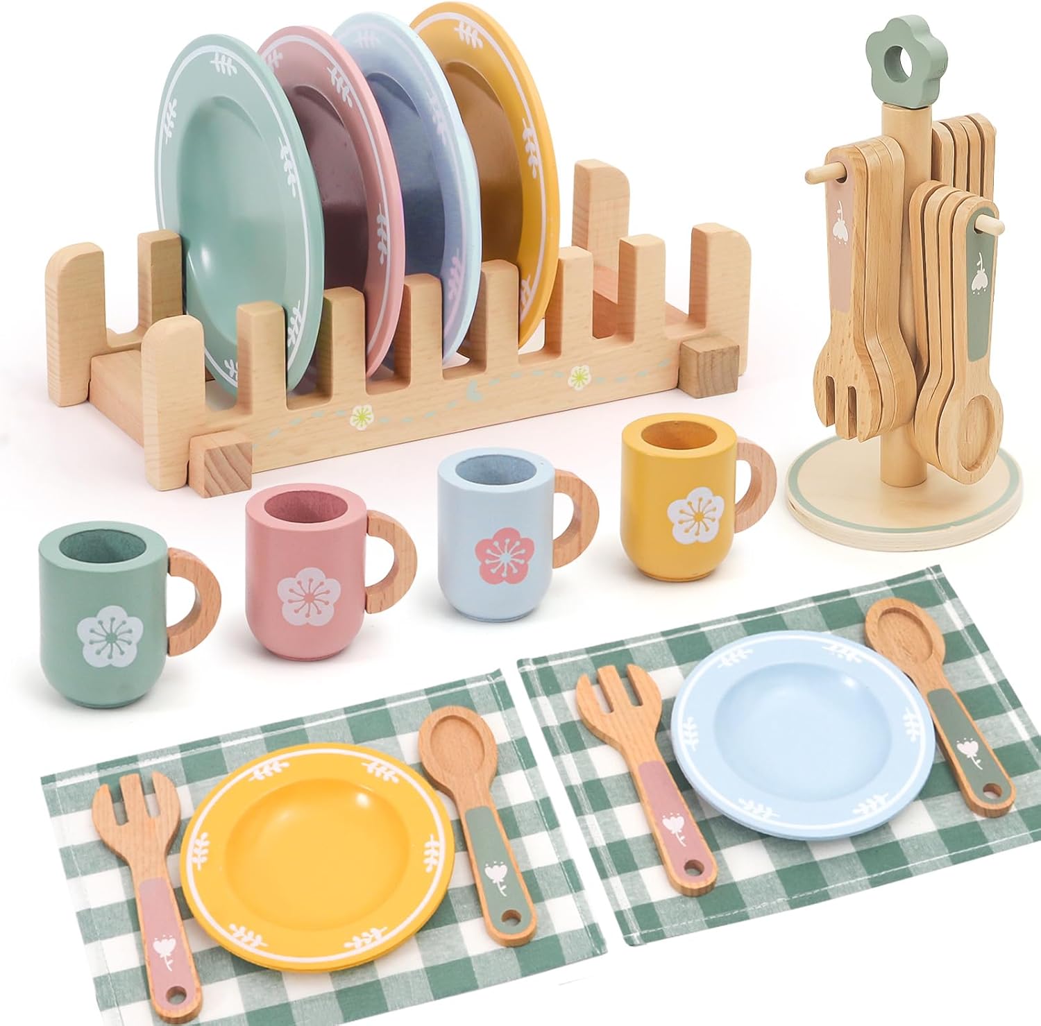 Wooden Play Kitchen Accessories Set with Detachable Dish Rack and Utensil Holder - Complete Set for Toddlers 3-5, Includes Plates and Cups, Colorful Cutlery for Pretend Play, Ideal Gift