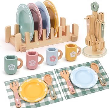 HAPGFS Wooden Play Kitchen Accessories Set with Detachable Dish Rack and Utensil Holder - Complete Set for Toddlers 3-5, Includes Plates and Cups, Colorful Cutlery for Pretend Play, Ideal Gift