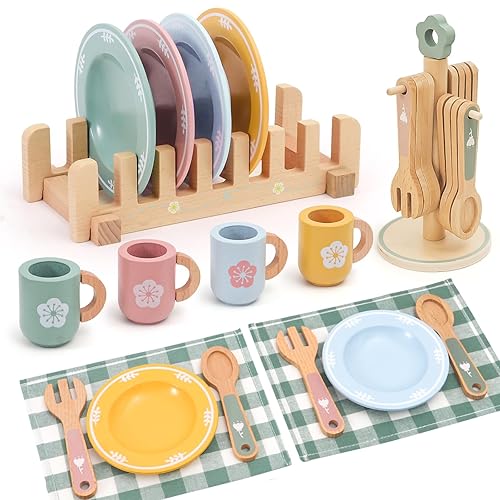 Wooden Play Kitchen Accessories Set with Detachable Dish Rack and