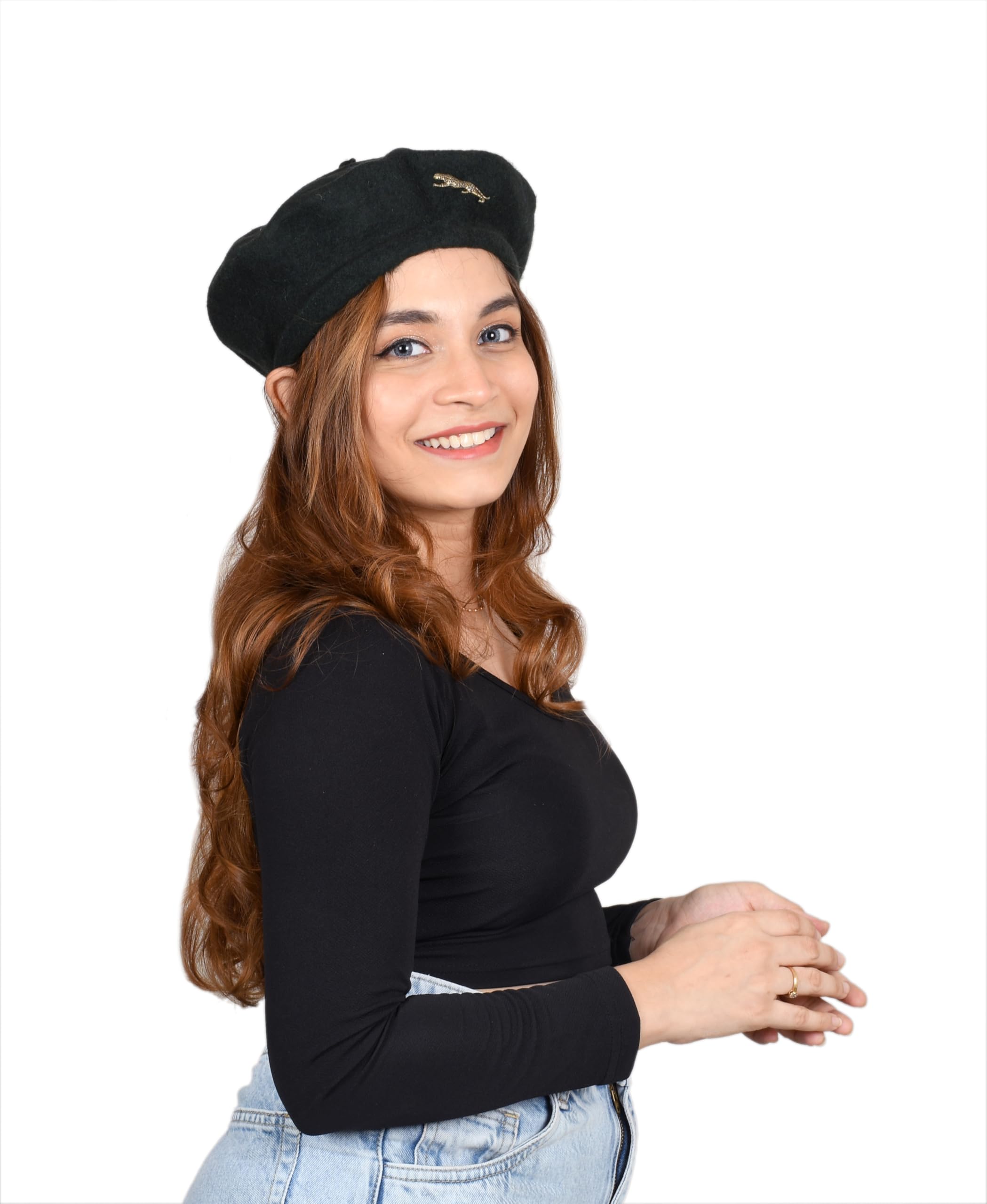 SOUL eTHICS Women's Premium Wool Blend French Artist Beret Cap - Stylish, Warm & Classic - Elegant Winter Beanie Hat for Girls & Ladies -Free Size (in, Alpha, Free Size, Black, Leopard) - Image 5 thumbnail