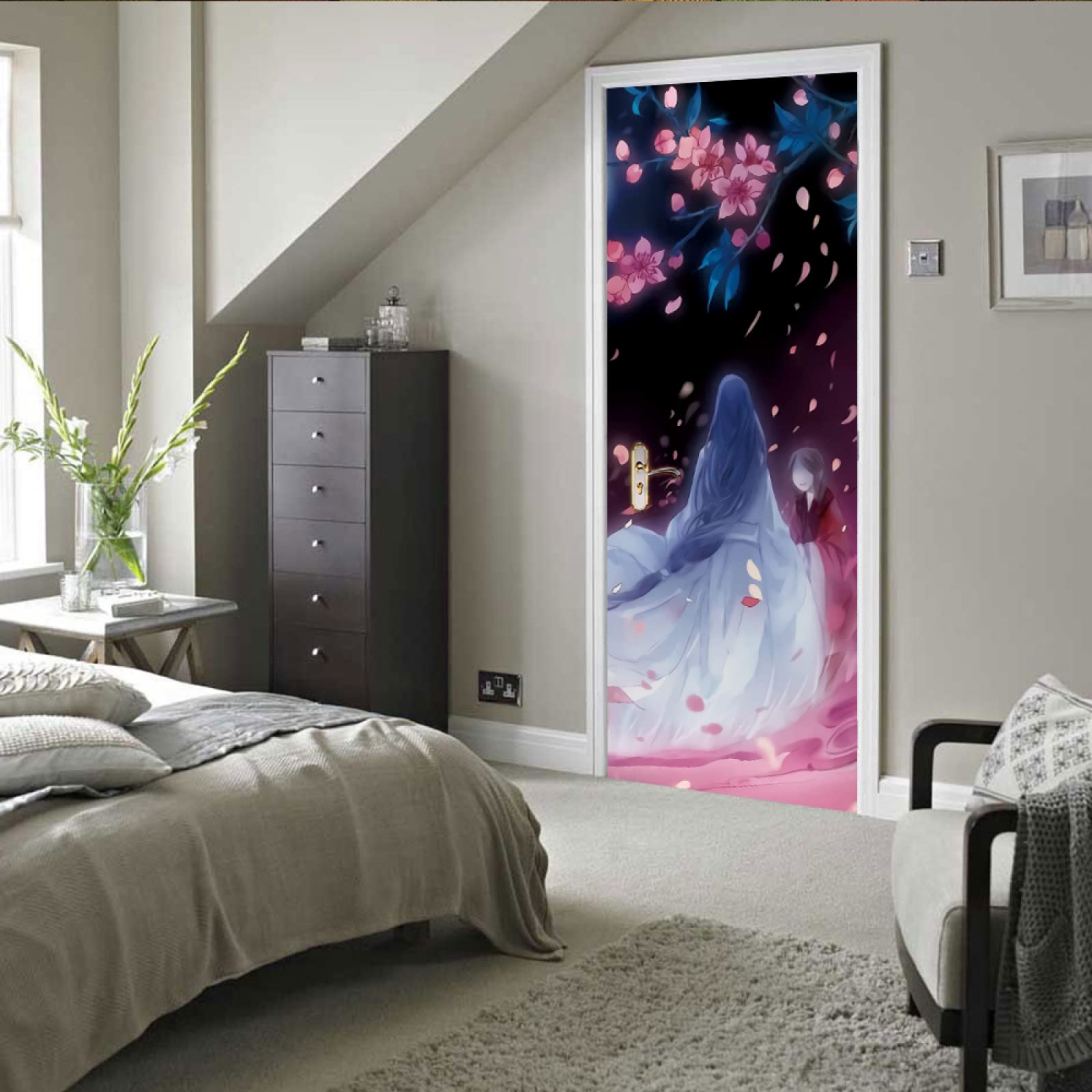 3d Stickers Porte Porte Style japonais et fleurs de cerisier Auto-AdhéSif Murale DéCoration De La Maison Stickers Muraux Chambre Salon Affiche Amovible Art Autocollants L100 x H200cm
