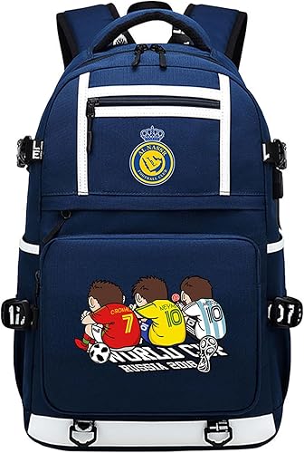 Al-Nassr FC - Mochila para laptop con puerto de cargador USB, mochila casual Cristiano Ronaldo, mochila gráfica CR7, Azul 2, Mochilas Daypack