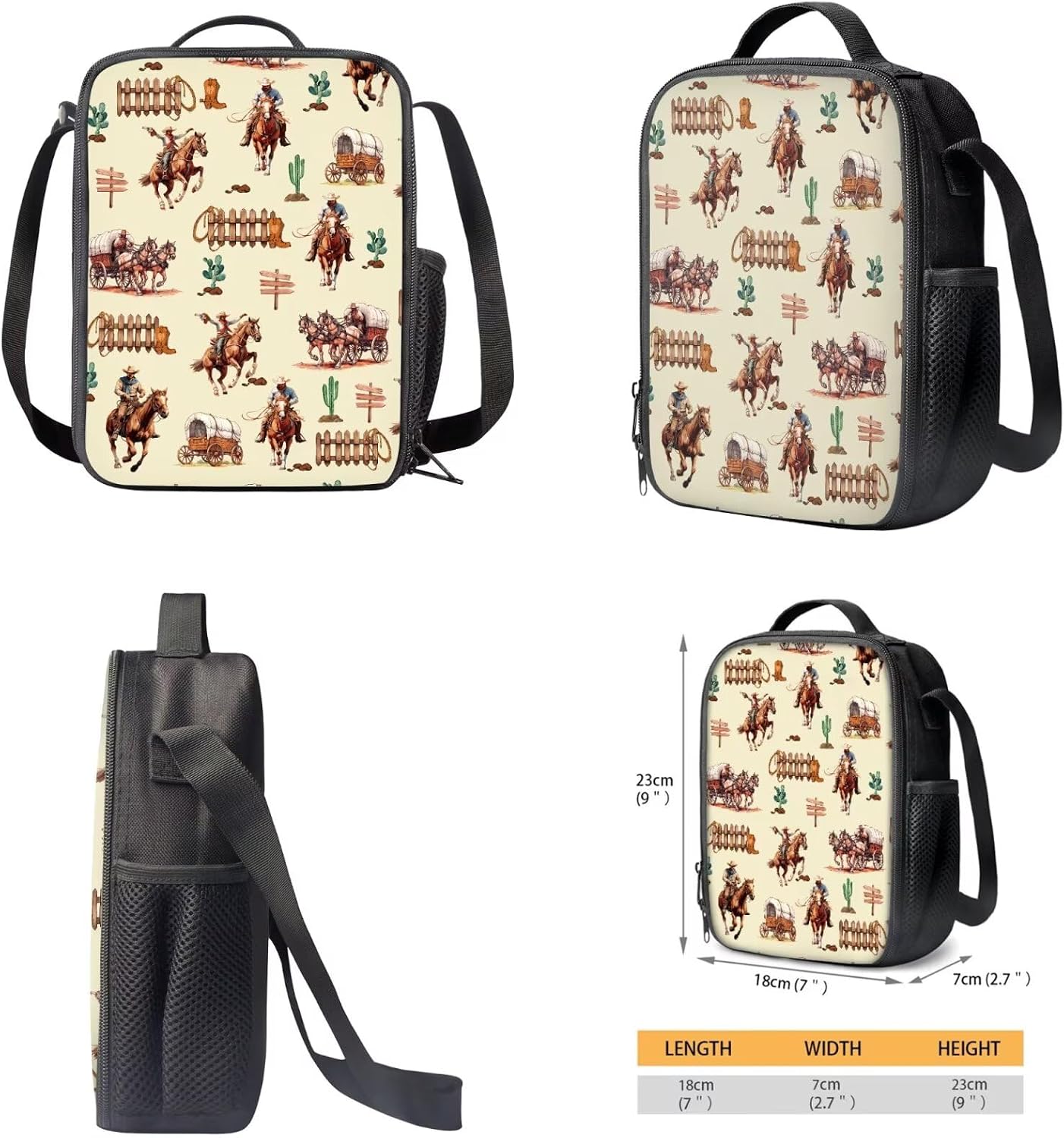 3 In 1 School Backpack Western Cowboy School Bag and Lunch Bag Set Horse Southwestern Bookbag with Lunch Bag Pencil Pouch Middle Elementary Kindergarten School Back Packs Knapsack