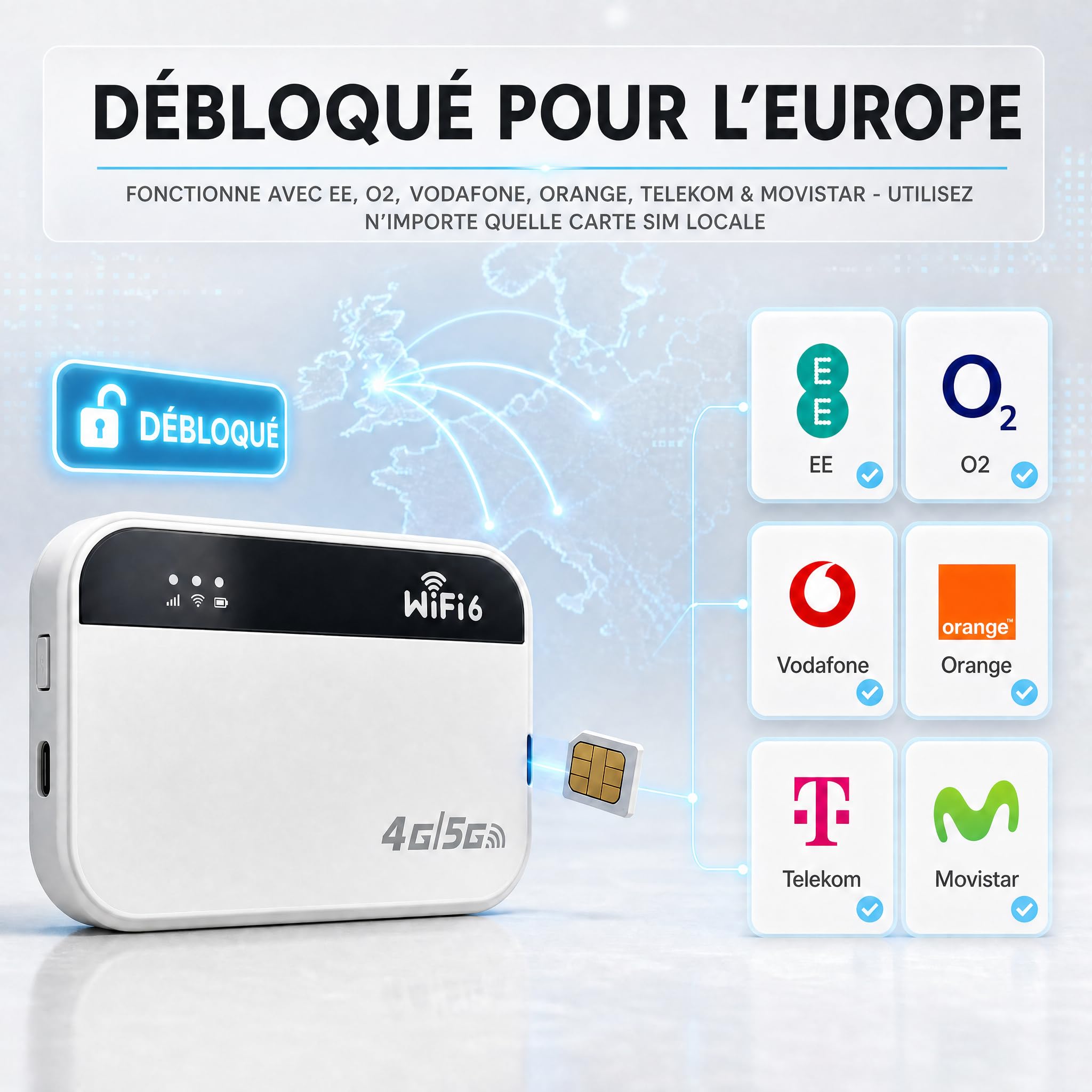 Routeur WiFi 5G Portable Slot SIM, Hotspot WiFi Nomade Voyage, Pocket WiFi | 3000mAh, 14H Autonomie, 300Mbps, 24 Appareils, WiFi 6, Sans Abonnement, Plug & Play, Voyage, Camping, Télétravail, Plein Air