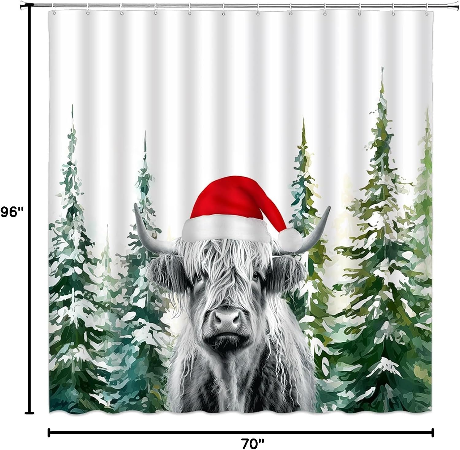Christmas Highland Cow Shower Curtain Rustic Farm Animal Xmas Longhorn Bull Winter Forest Nature Farmhouse Holiday Bathroom Decor Fabric Curtain with Hooks