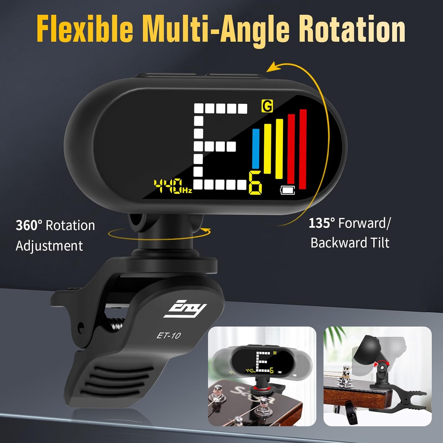 EX プロフェッショナル 充電式 クロマチック クリップオン ギター チューナー &mdash; 高速で超正確なクリップオンチューナー カラーL
