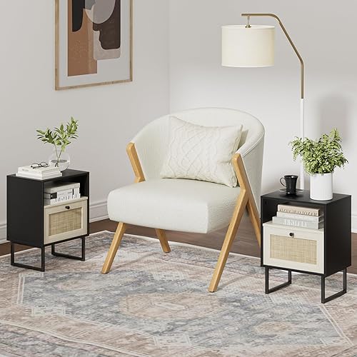 Miniatura 94 de Masupu Mesita de noche de ratán con estación de carga, moderna mesita de noche de madera bohemia con cajón de almacenamiento y estante abierto, mesa