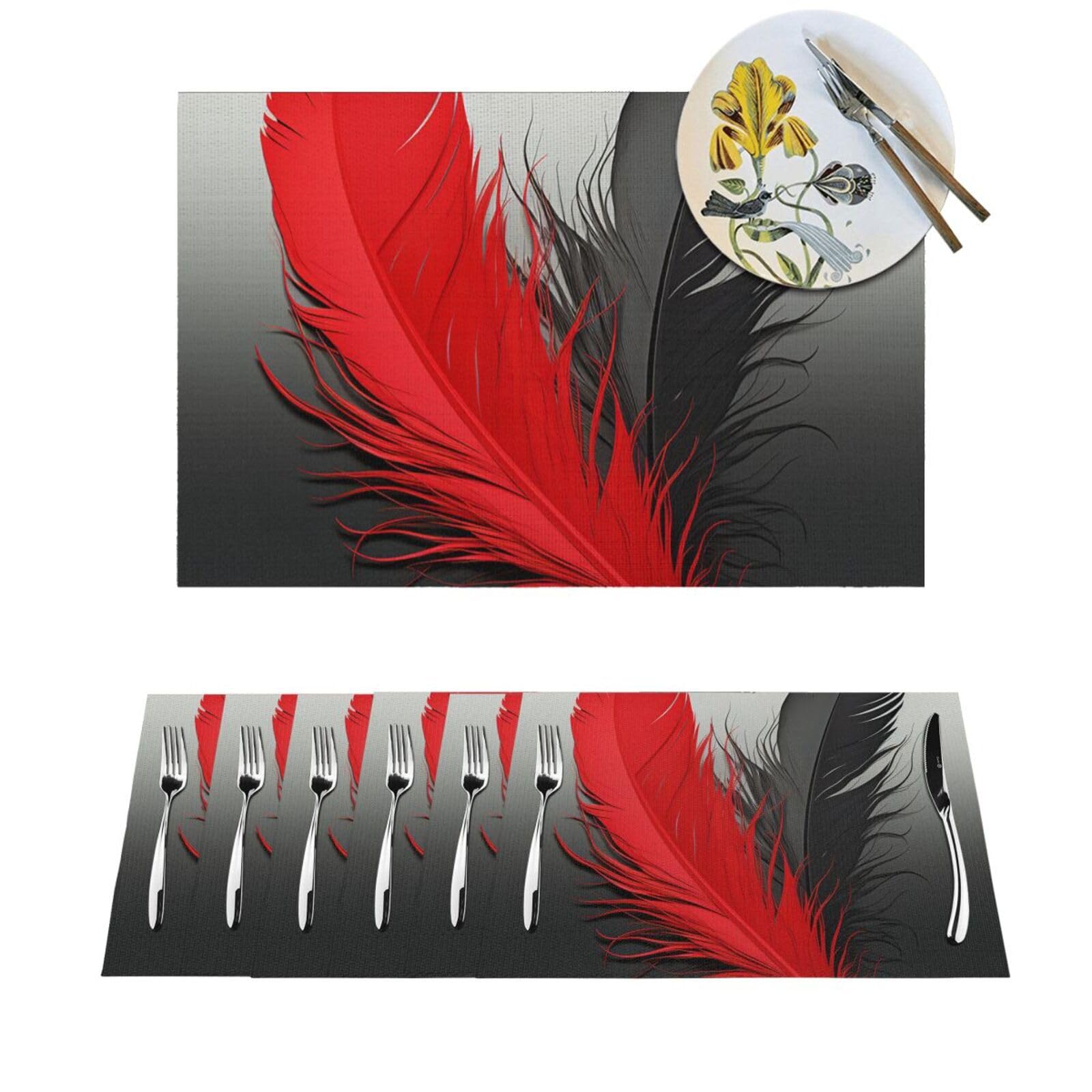 Lot de 6 sets de table en PVC tissé rouge et noir pour salle à manger