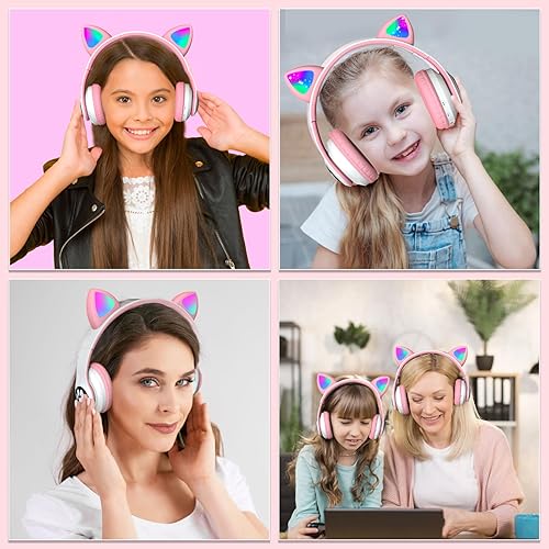 Miniatura 8 de Auriculares Bluetooth para niños, lindo oído de gato con luz LED, auriculares plegables estéreo sobre la oreja con micrófonotarjeta TF auriculares