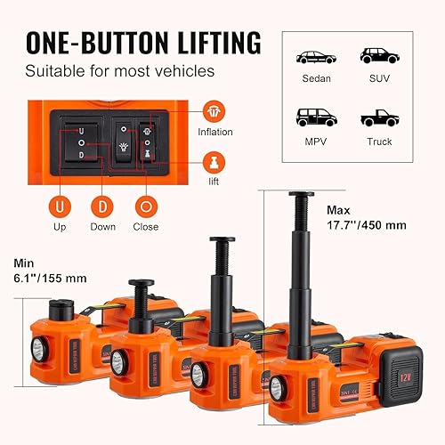 Miniatura 3 de Gato hidráulico eléctrico de piso de coche resistente 5 toneladas 12V con llave de impacto y bomba de inflado - Ideal para reparación de automóviles