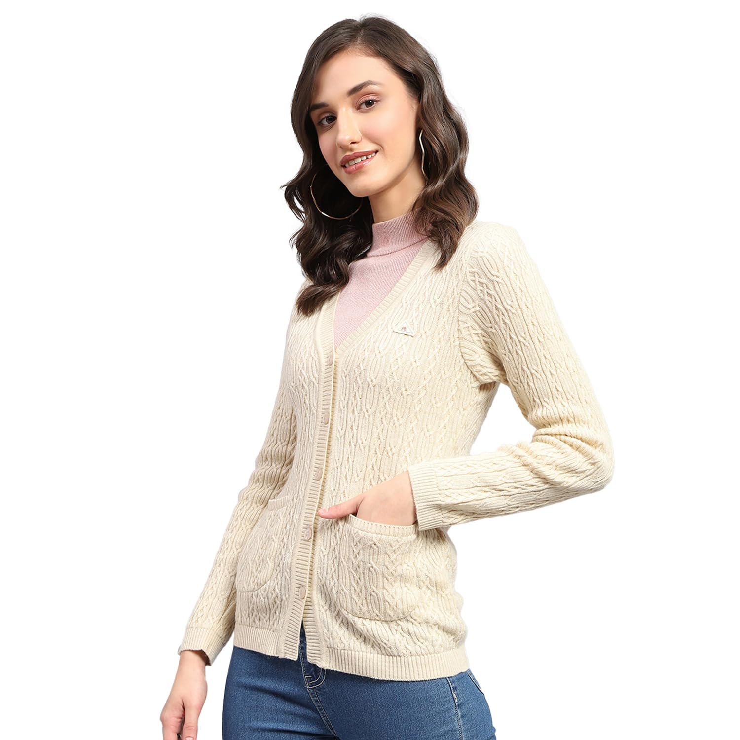 monte carlo Women's Regular Fit Cardigan | Self Design Pattern with Button Closure | Full Sleeve V-Neck Cardigan for Women-picture-25