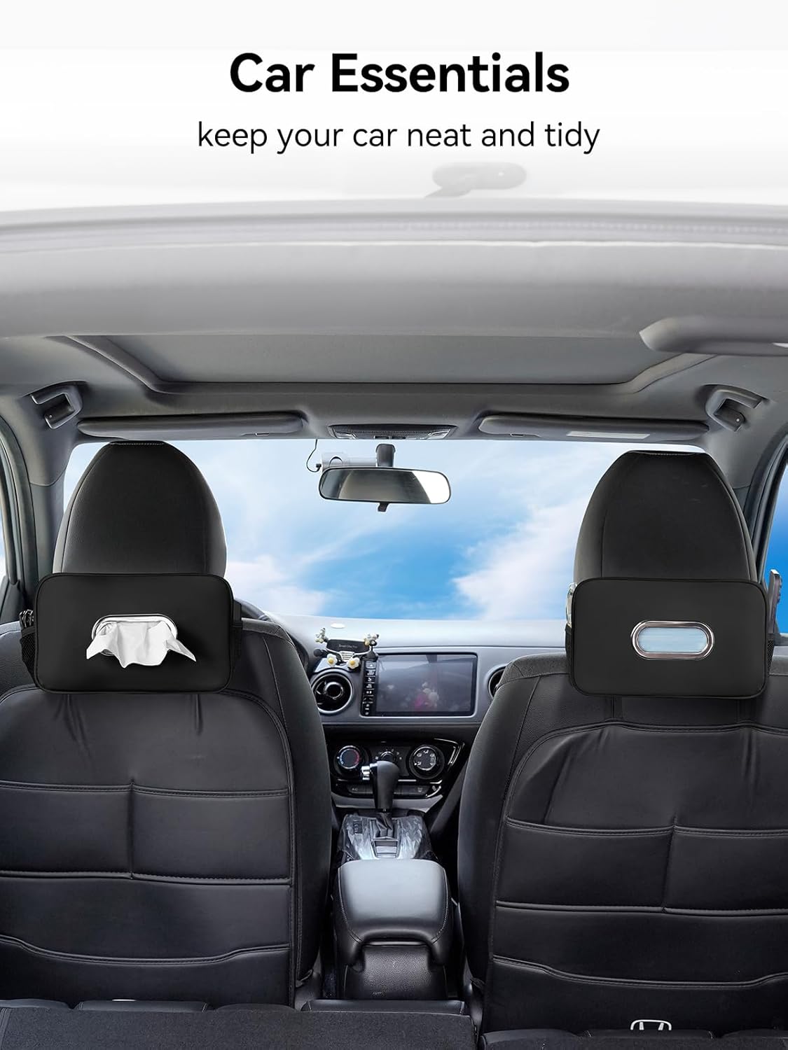2Pack Multi-Functional Car Tissue Holder with ‌2 Tuck Nets, Upgraded PU Leather Tissue Box Cover, Large Rectangle Napkin Storage Organizer, Keep Car Tidy, Black