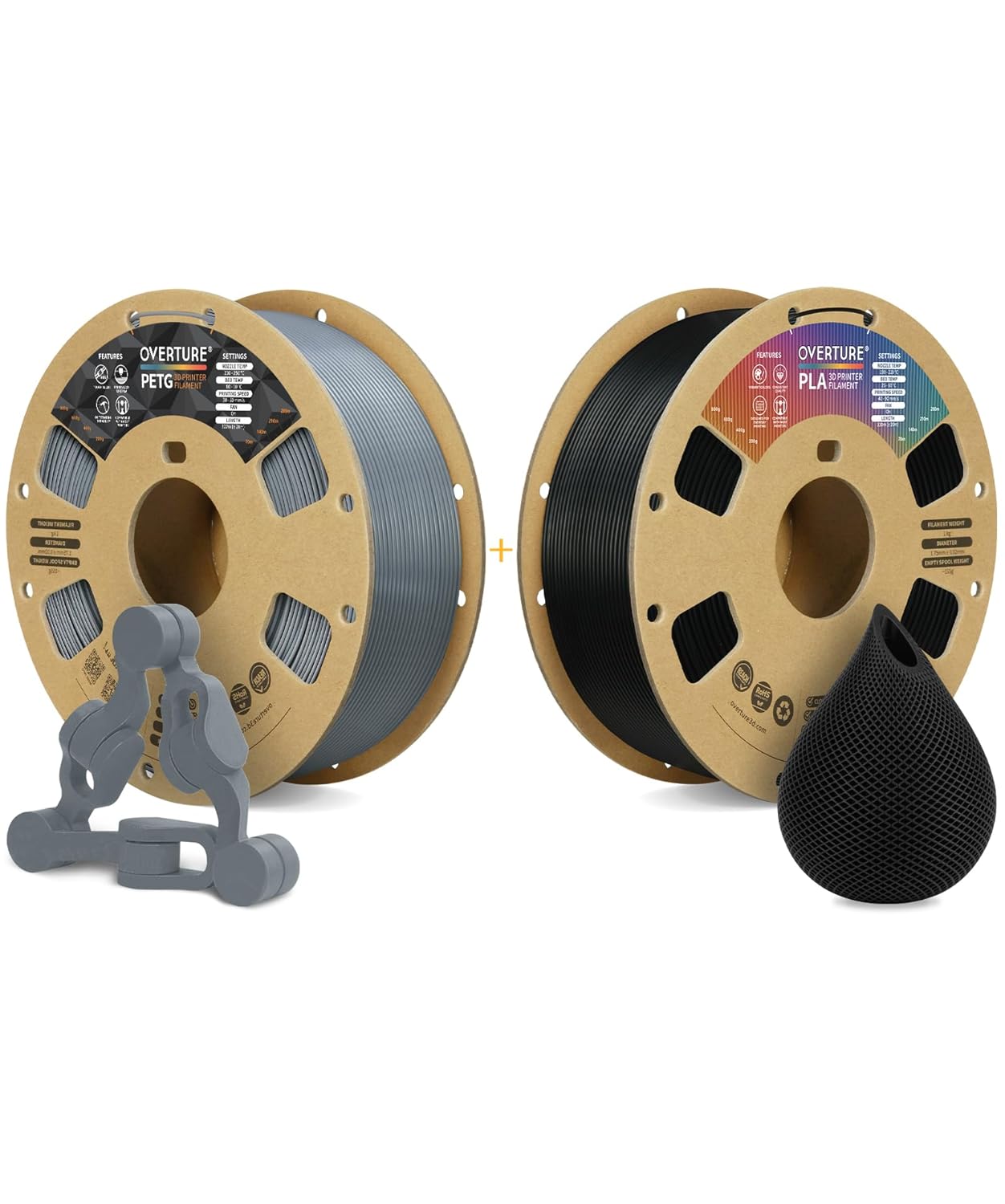 OVERTURE 3D Printer Filament 2kg, PETG Filament and PLA Filament Fit Most FDM 3D Printers, 1kg per Spool, Pack of 2, PETG Light Gray+PLA Black