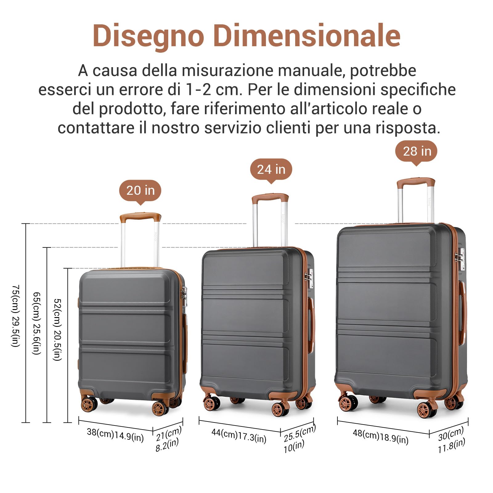 KONO Bagaglio Mano Valigia Materiale ABS Leggero e Resistente con 4 Ruote Rotanti 55 cm, 37L