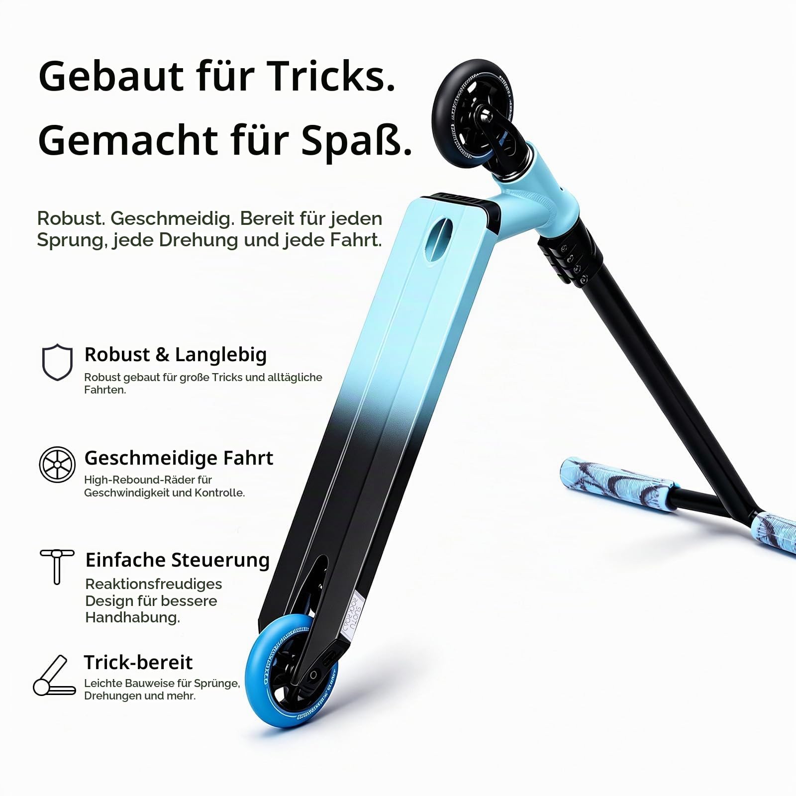 Stunt Scooter, 360° Lenkung, Stunt Roller mit 100mm 85A PU Räder, Stand Roller für Kinder Jugendliche und Erwachsene, Tragfähigkeit: 100 kg, Aluminium