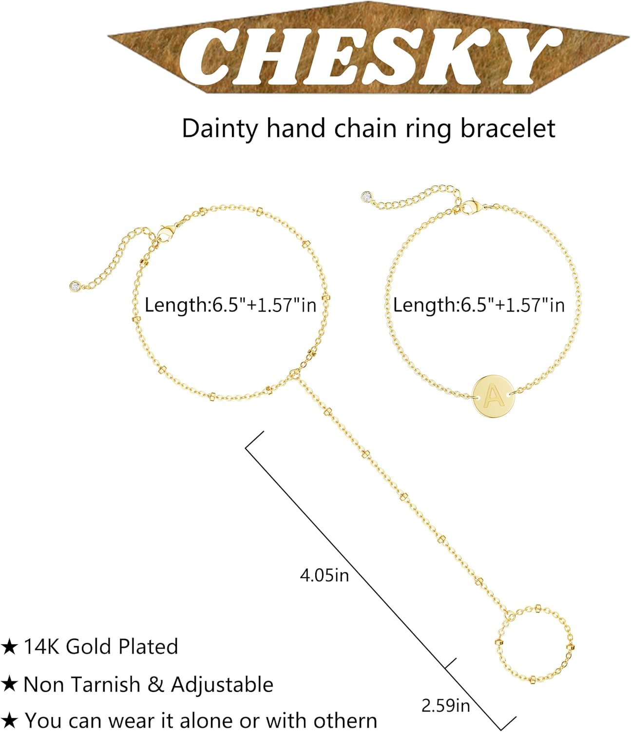 Christmas Gifts for Women Hand Chain Bracelet for Women - Dainty 14k Gold Plated Minimalist Finger Ring Bracelet Stack Letter A-Z Initial Link Charm Bracelets Non Tarnish Trendy Jewelry Gifts - Image 6