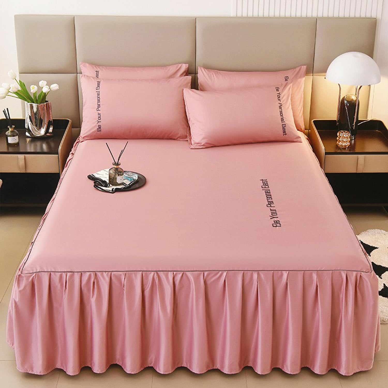 XCLOOZGL Summer New Washed Silk Bed Skirt Bedspreads Light Luxury Four-Season Non-Slip Bed Sheet Solid Color Multi-Size Mattress Cover for Single/Queen/Double Beds Bedskirts,Pink,180×220ccm