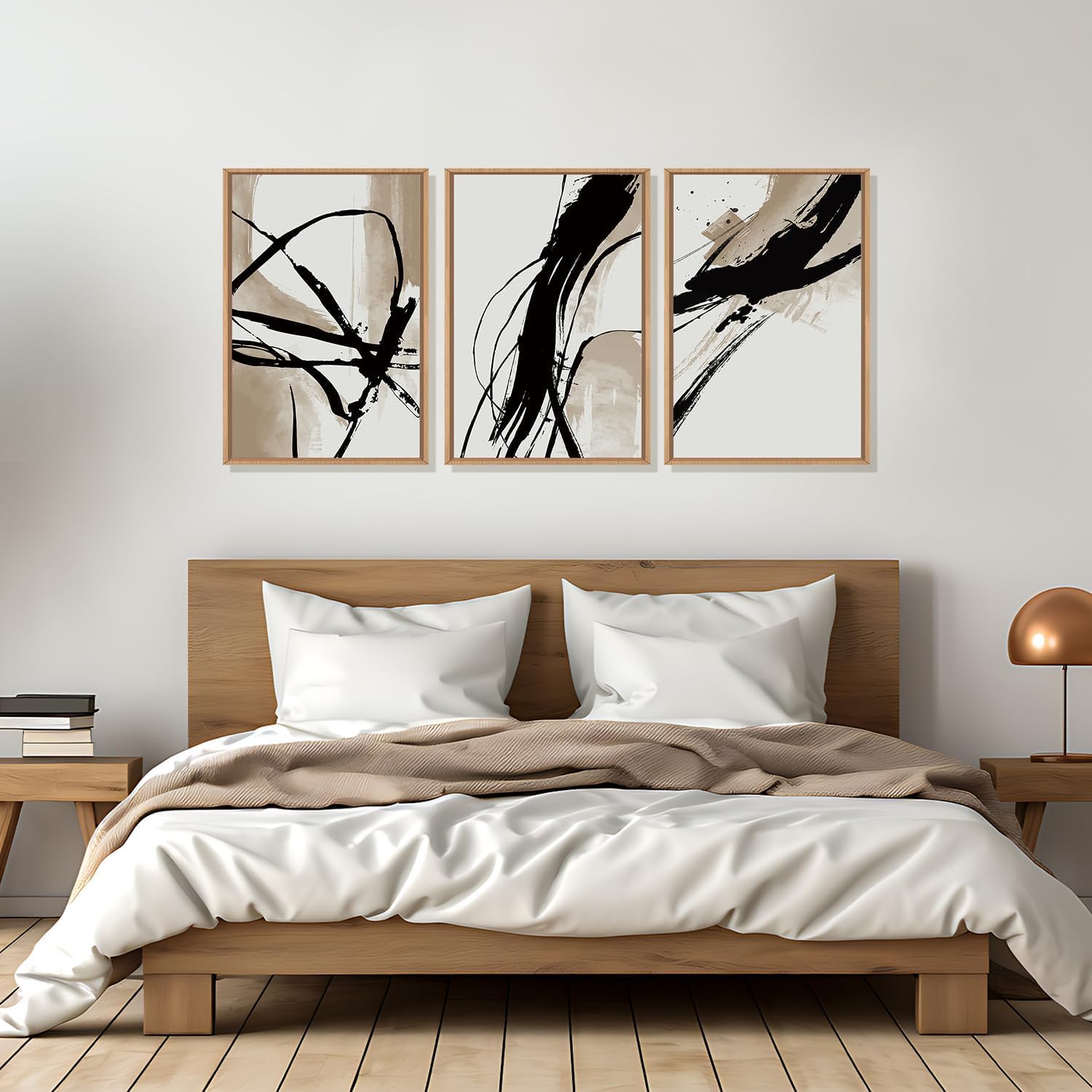 BINCUE 3 piezas Beige Abstracto Arte de Pared Sepia y Negro Pincelada Lienzo Mural, Beige Marrón Línea de Tinta Póster, Cuadros Abstractos Modernos con Marco Decoración de Pared para Salón, Dormitorio