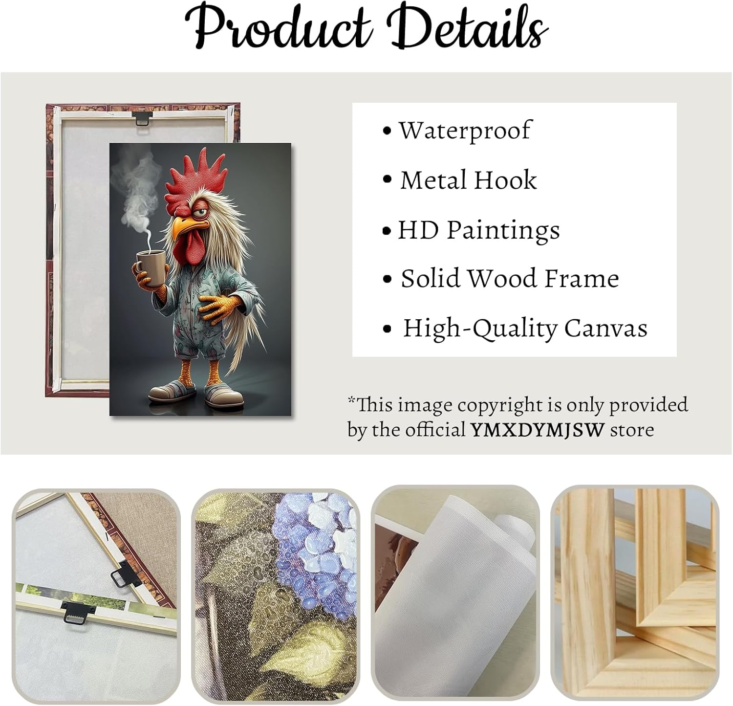 YMXDYMJSW Funny Chicken Wall Art Abstract Rooster Drinking Coffee Pictures Whimsical Chicken Canvas Prints Farmhouse Animal Paintings for Kitchen Decor Frame (18L x 12W)