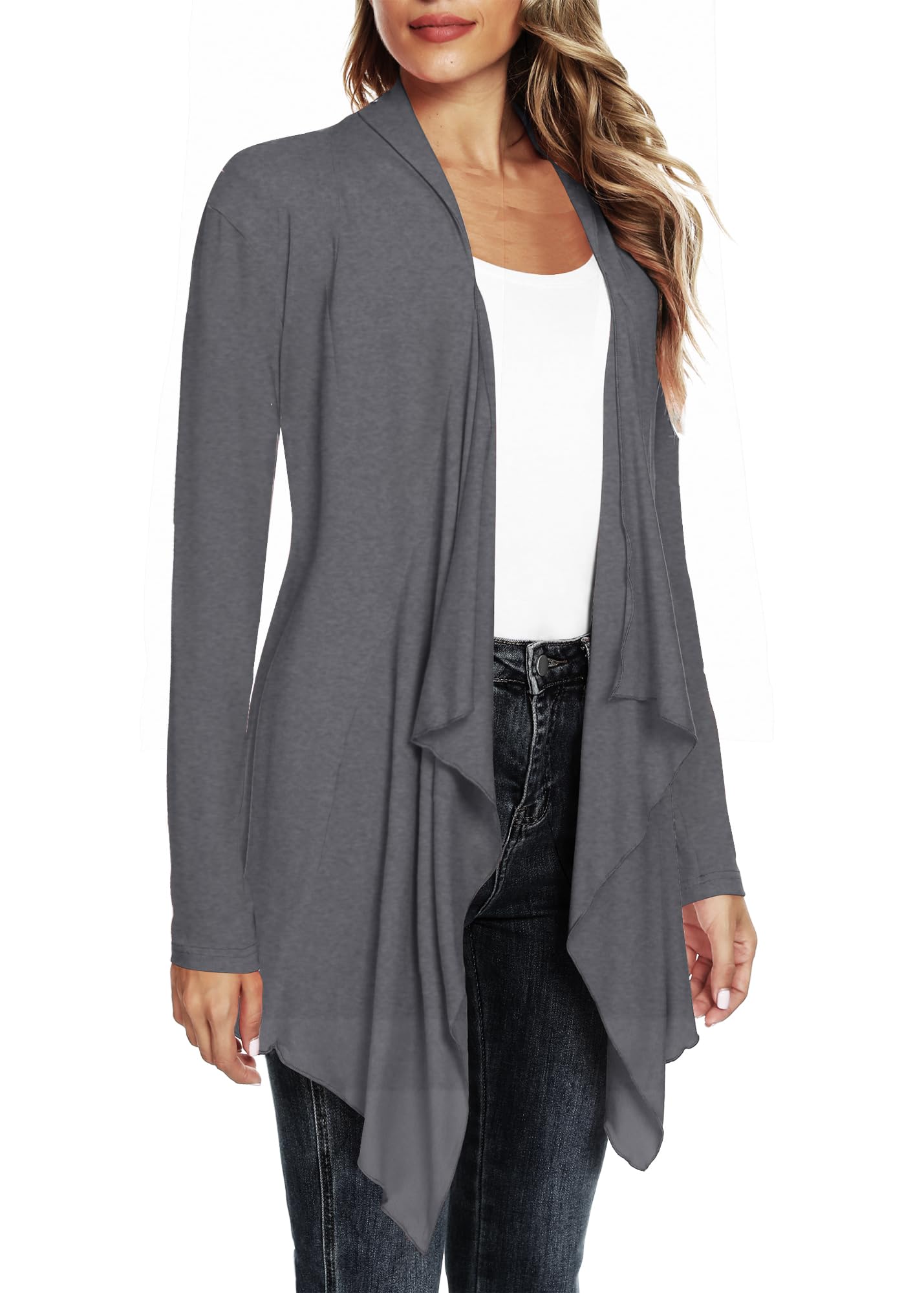 EXCHIC Donna Elastico Slim Fit Drappeggio Frontale Aperto Maniche Lunghe Cardigan con Hem Irregolare