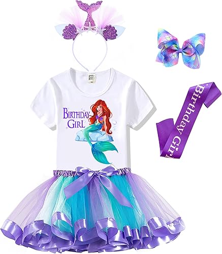 Tutu and Sian Mermaid Outfit Set Shirt, Rainbow Tutu Dress, Satin Sash, Headband Birthday Gifts for Girls Costume