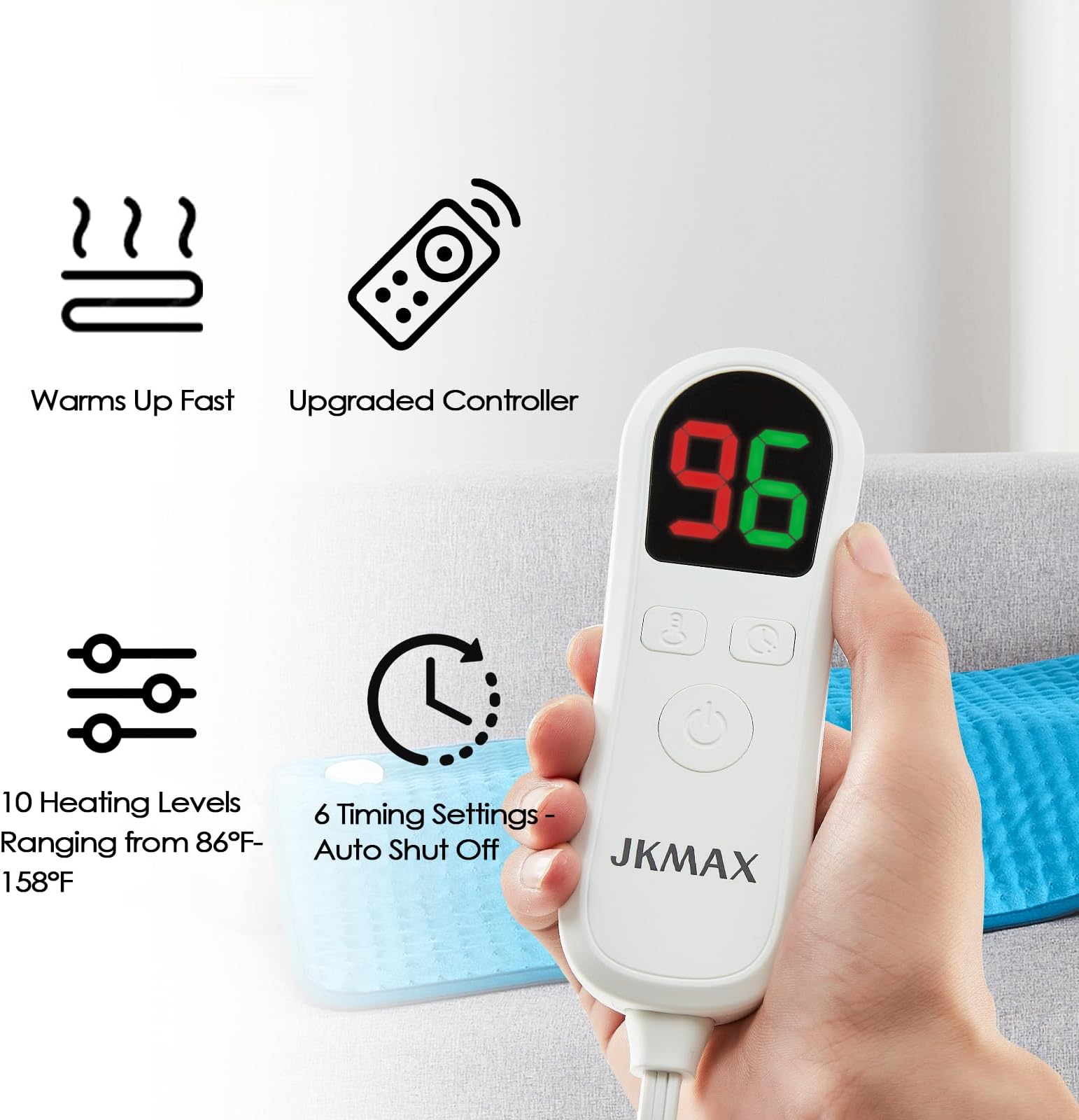 Extra Large Heating Pad for Back Pain Relief & Cramps - King Size Heat pad 17" x 33" with 10 Heat Settings 6 Timer Auto Shut Off - Upgrade Hot Pad XXXL Washable ๏ผBlue๏ผ