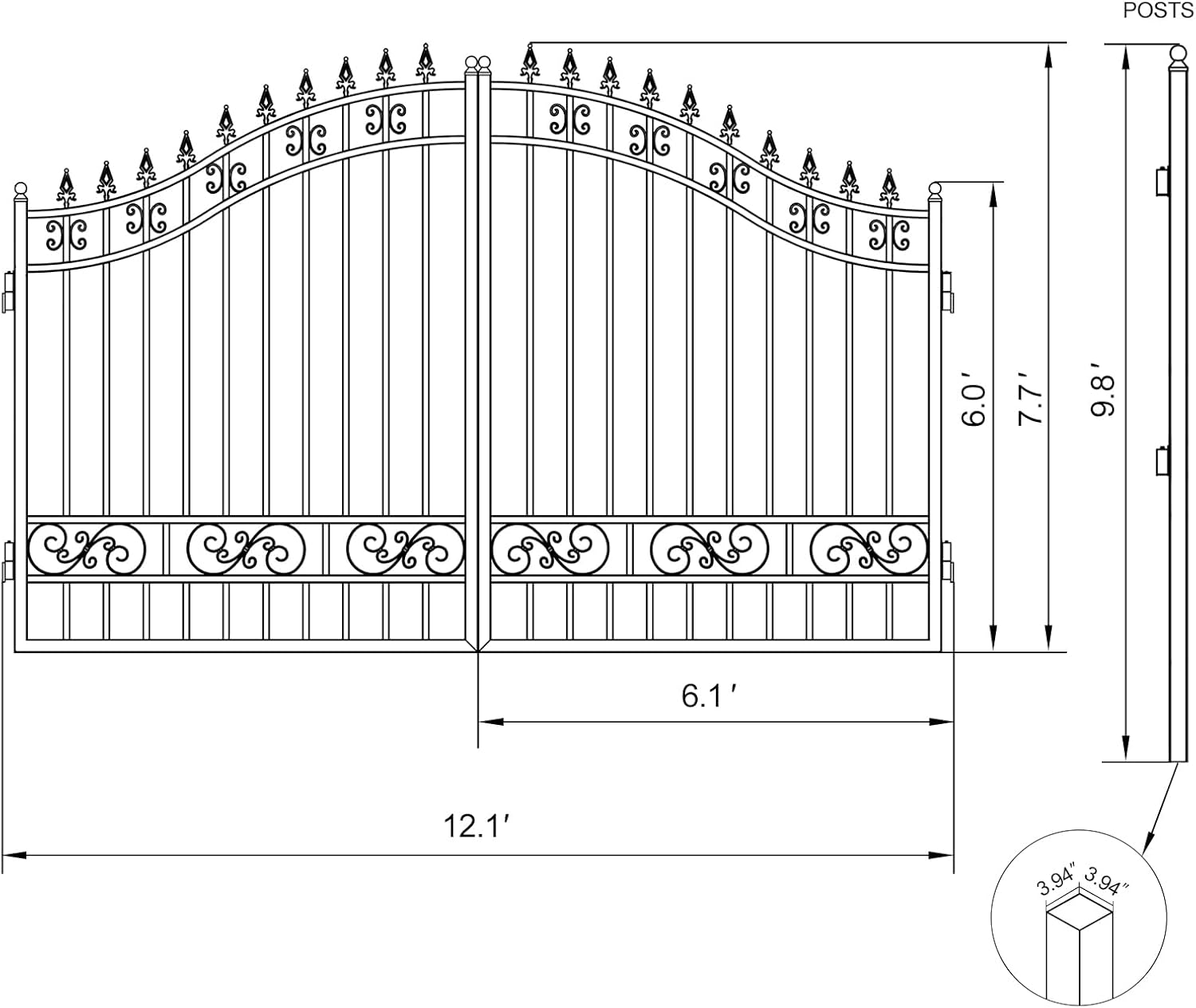Teknisk tegning, der viser dimensionerne af de dobbelte svingporte og stolperne til indkørslen, inklusive en samlet bredde på 12.1 fod og en højde på 7.7 fod for porten og 9.8 fod for stolperne.