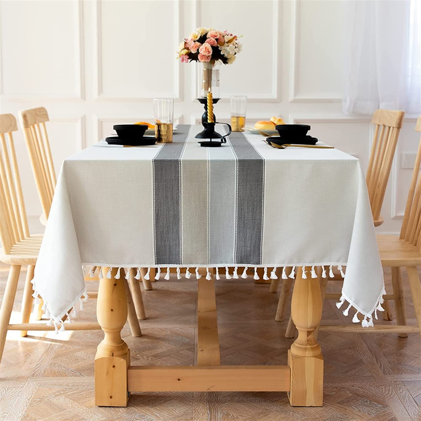Czarno-szare bawełniane lniane obrusy, materiałowe obrusy w paski z pasiastymi frędzlami, dekoracja stołu kuchennego(Striped color,140cm x 220cm)