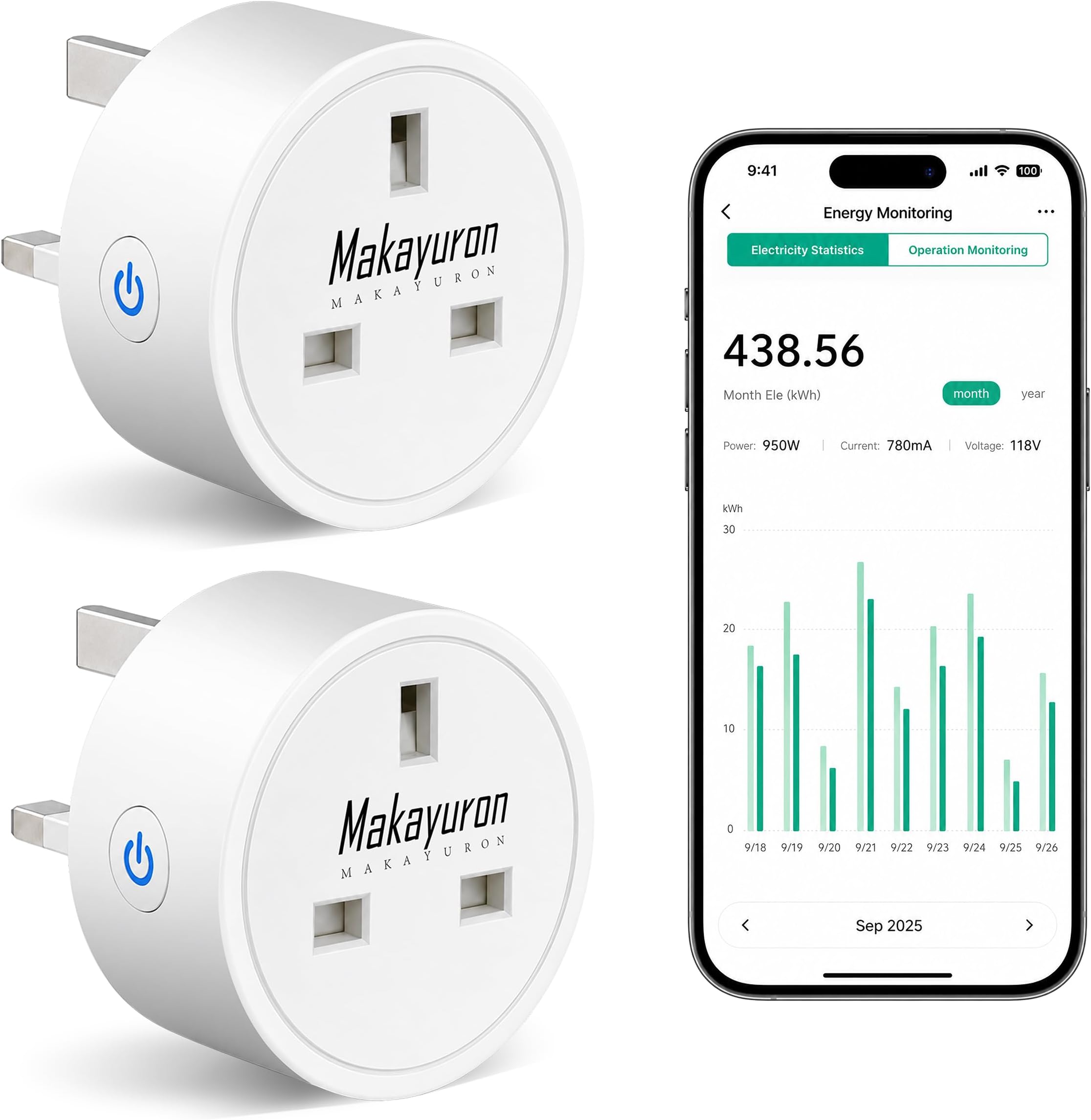 Smart Plug, Smart Outlet Plug Socket Compatible with Alexa and Google Home, WiFi Plug Socket With Remote Control & Voice Control, With Electricity Statistics Timer Function, No Hub Required (2 Pack)