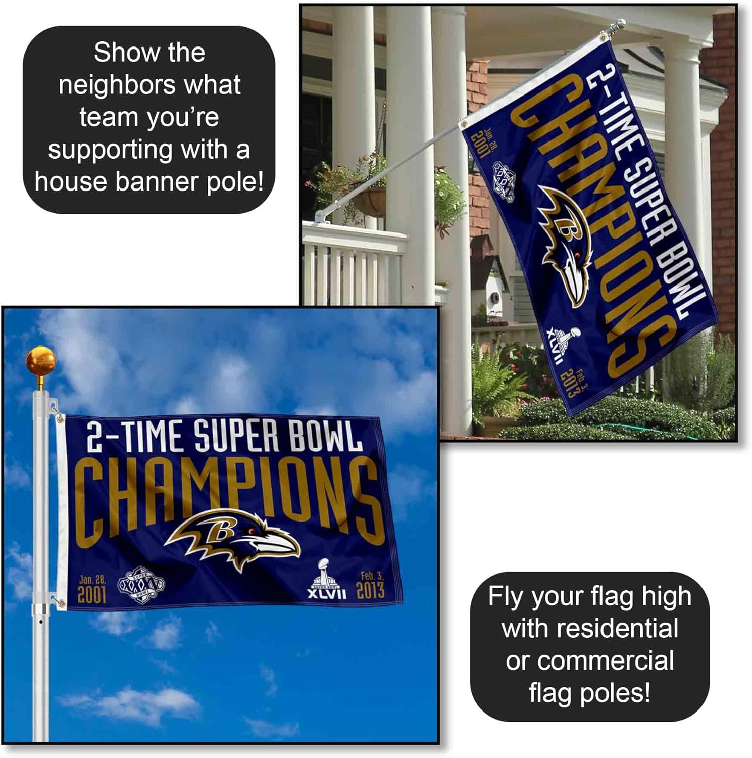Baltimore Ravens 2X and 2 Time Super Bowl Champions Flag Outdoor Indoor 3x5 Foot Banner - Image 3